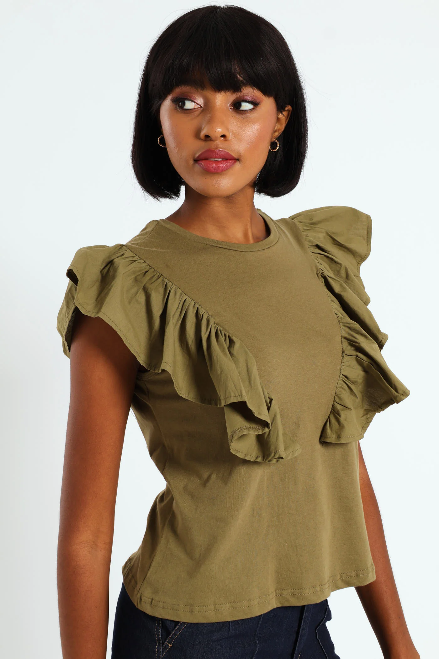 Frill Detail Boxy Combo Tee - Olive - Image 2