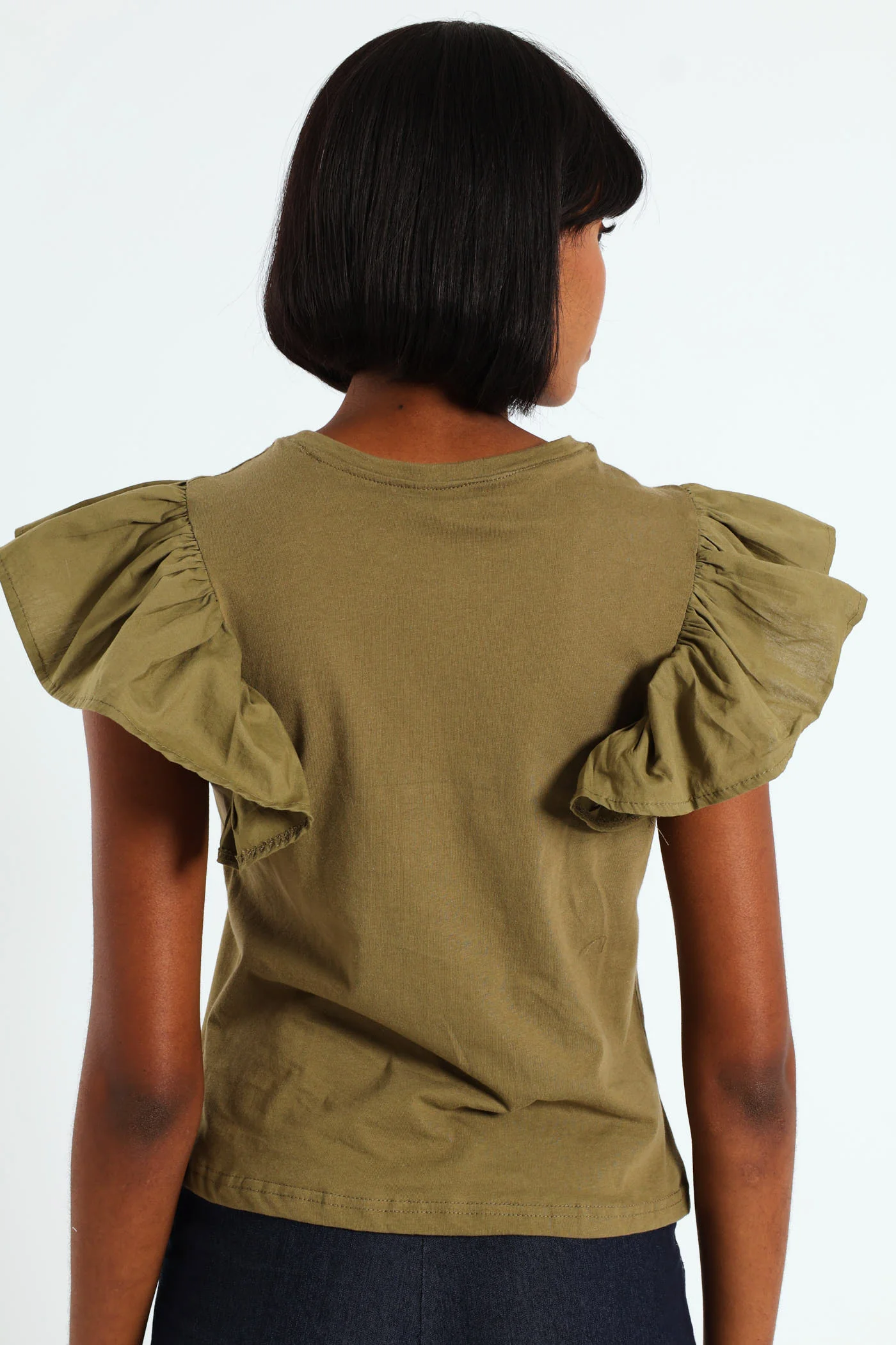 Frill Detail Boxy Combo Tee - Olive - Image 3