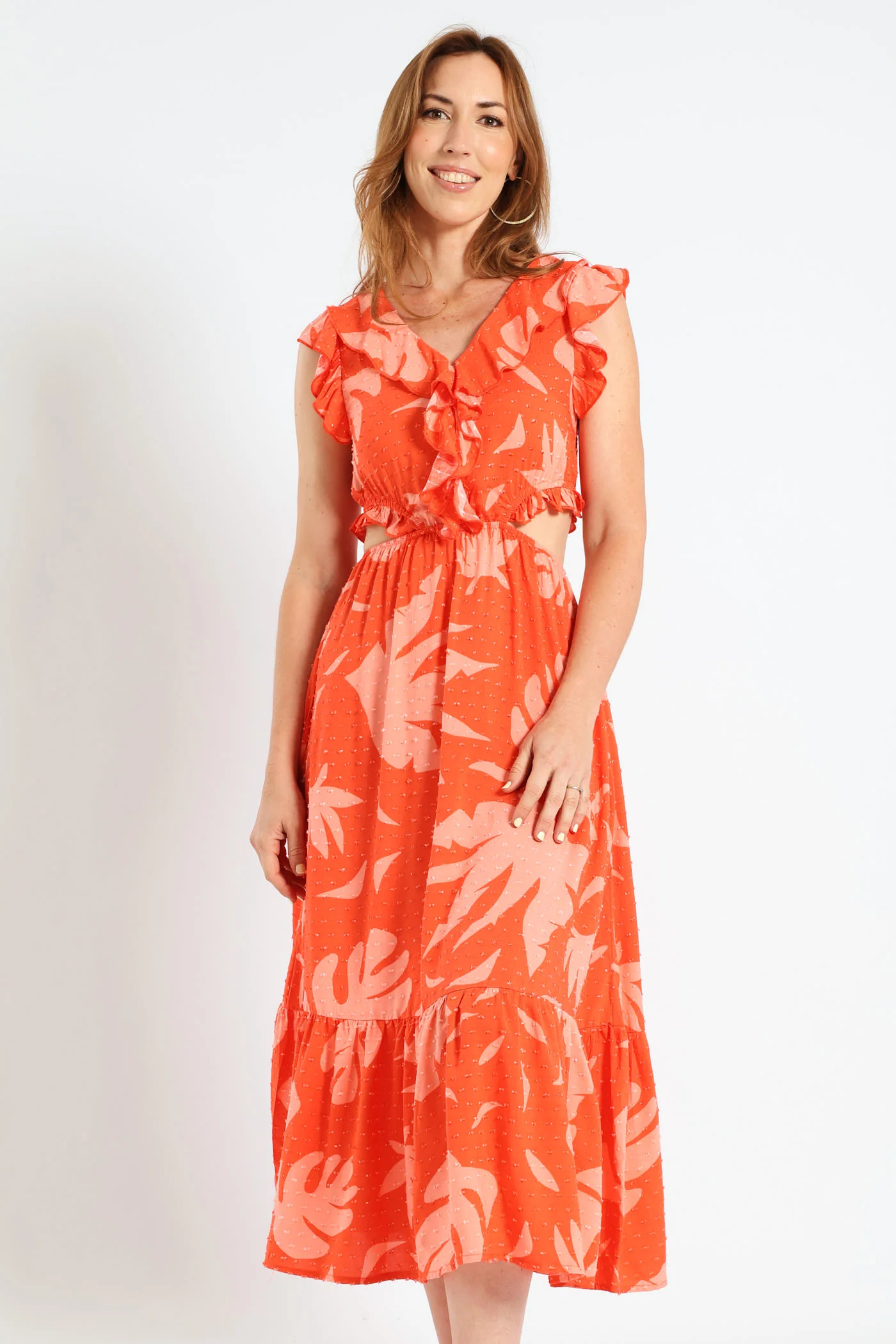 Frill Detail Cut-Out Tiered Maxi Dress - Pink/Orange - Image 2