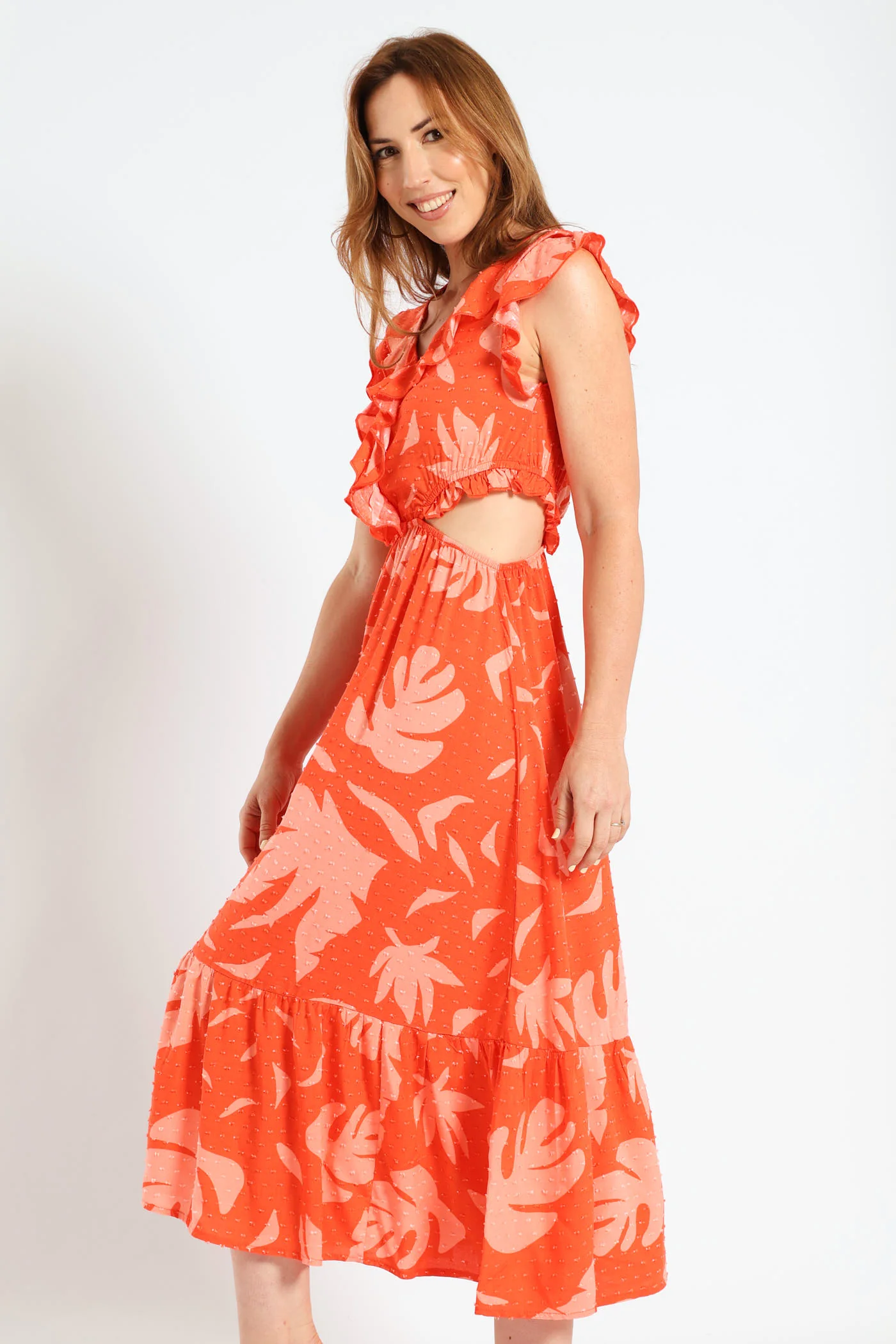 Frill Detail Cut-Out Tiered Maxi Dress - Pink/Orange - Image 3