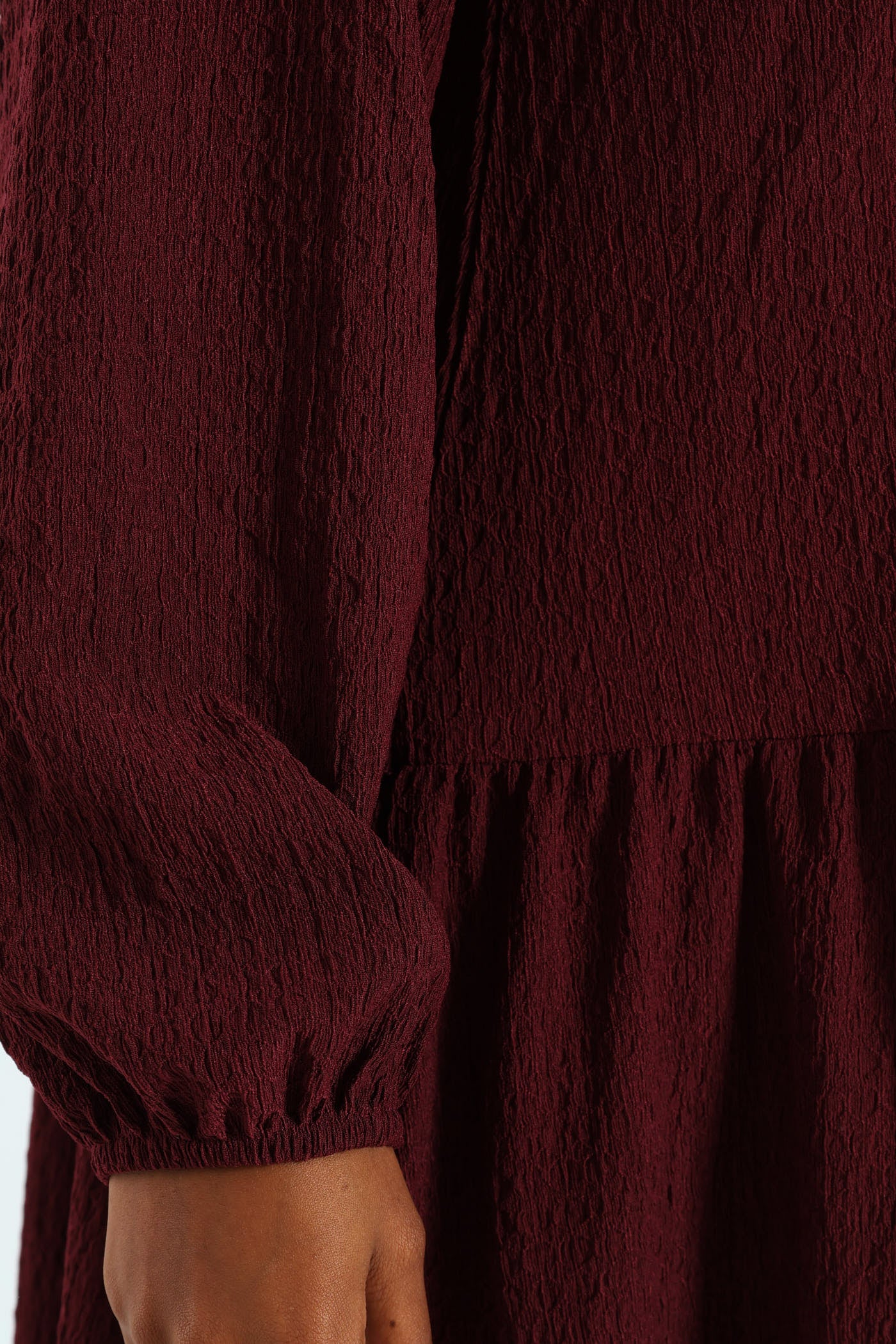 Frill Hem Crinkle Mini Dress With Neck Tie & Tassles - Plum Noir - Image 2