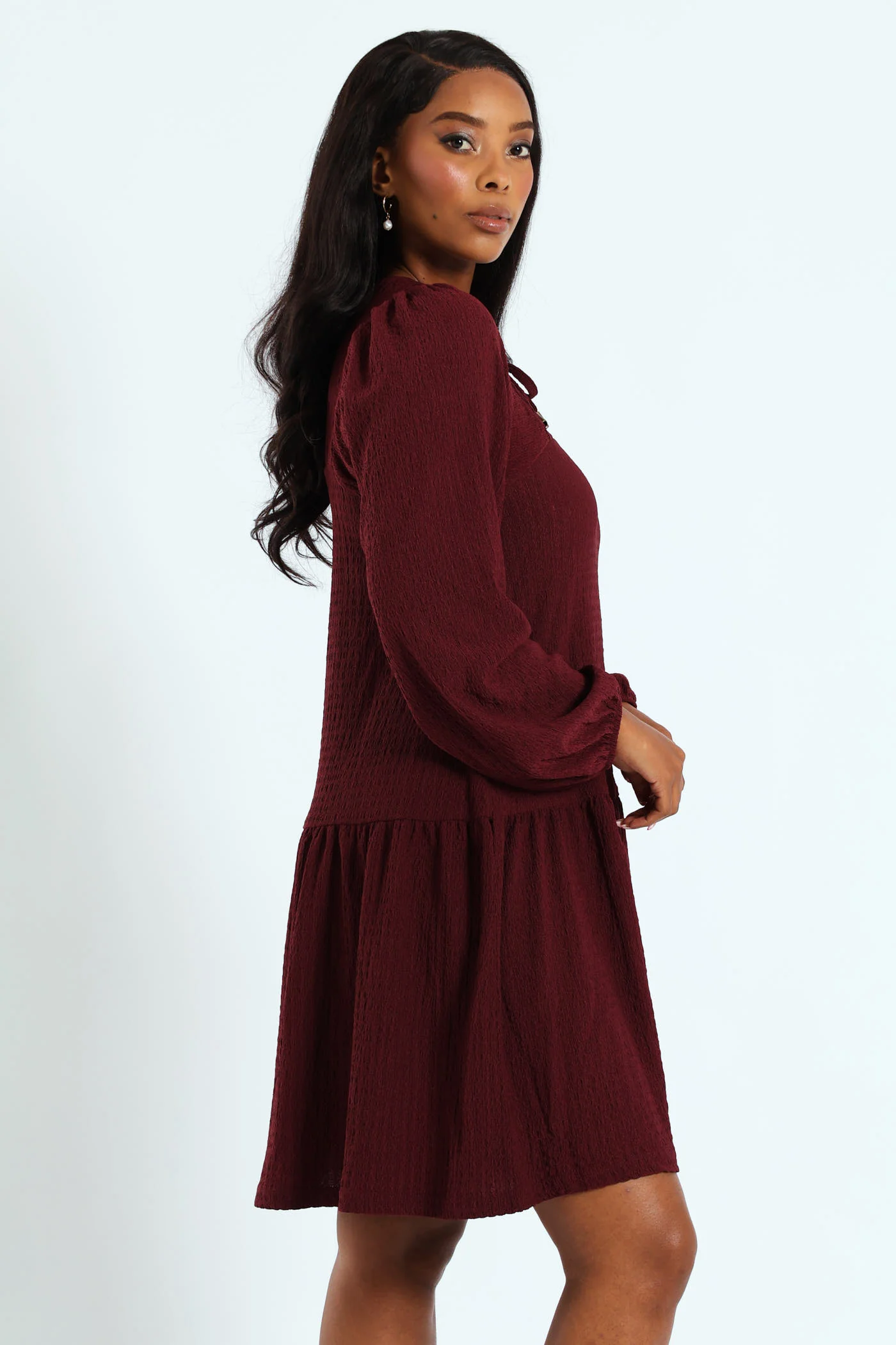 Frill Hem Crinkle Mini Dress With Neck Tie & Tassles - Plum Noir - Image 3