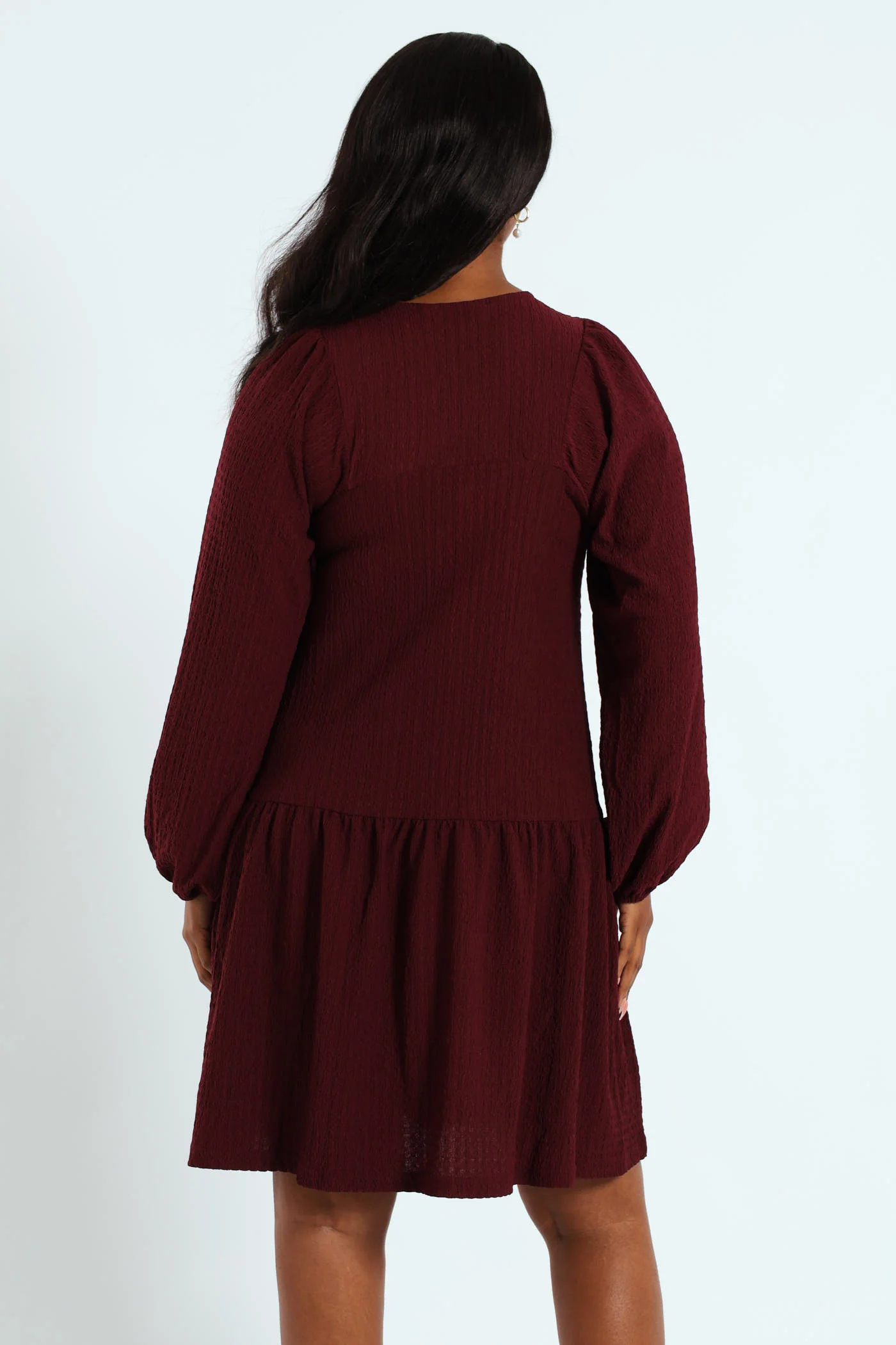Frill Hem Crinkle Mini Dress With Neck Tie & Tassles - Plum Noir - Image 4