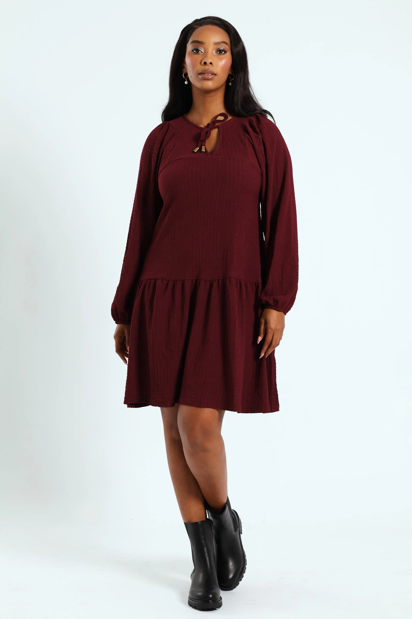 Frill Hem Crinkle Mini Dress With Neck Tie & Tassles - Plum Noir - Image 5