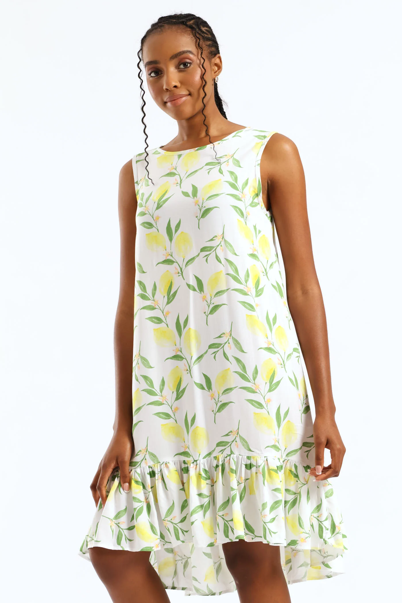 Frill Hem Hi-Lo Print Shift Mini Dress - White/Yellow - Image 4