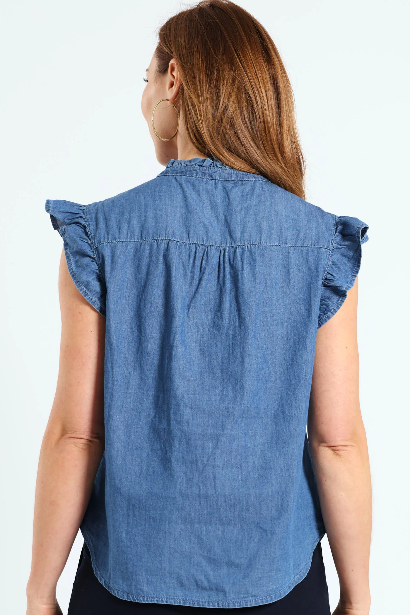 Frill Neck & Sleeve Button Through Blouse - Medium Wash - Image 3