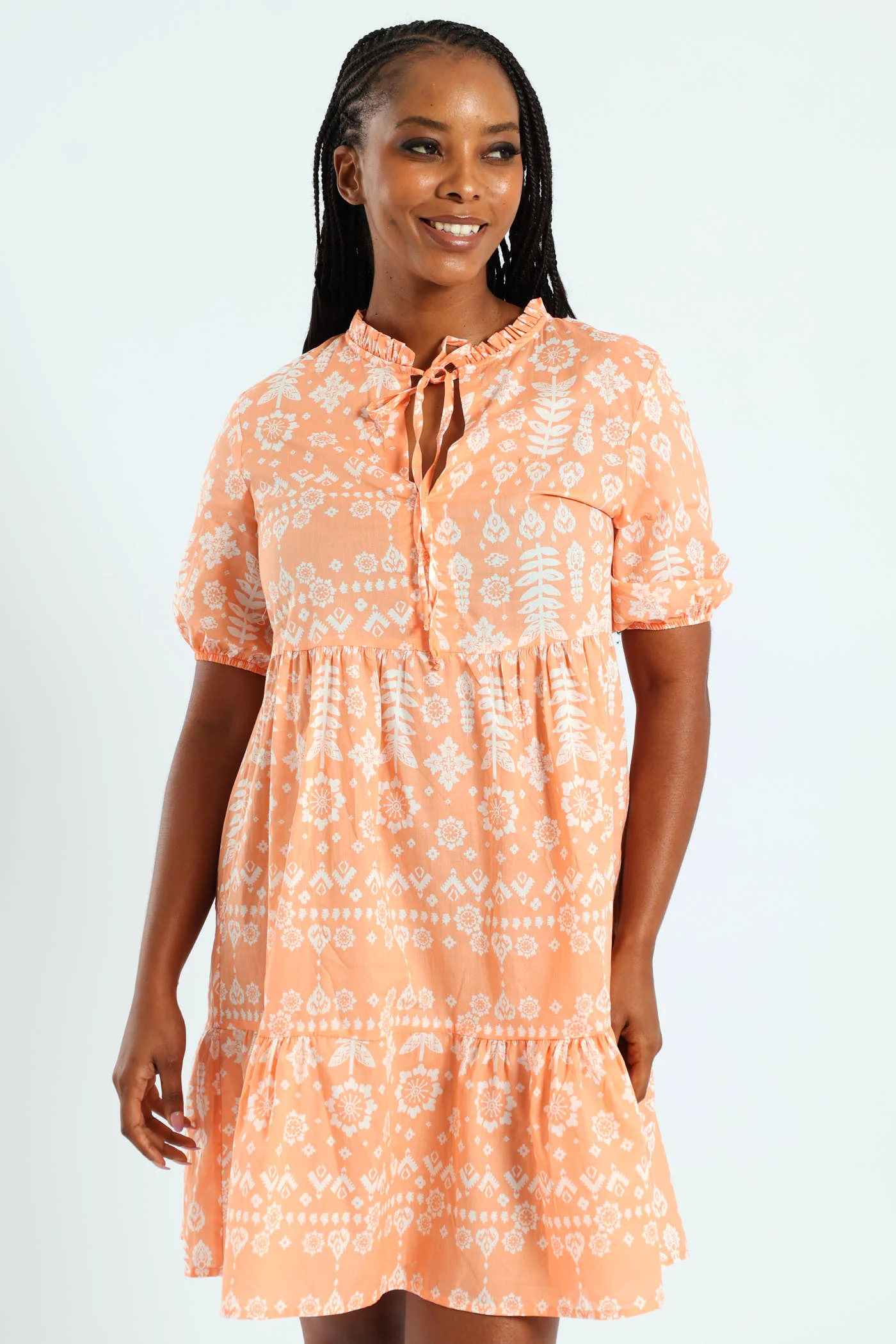 Frill Neck & Tie Swing Mini Dress - Coral - Image 3