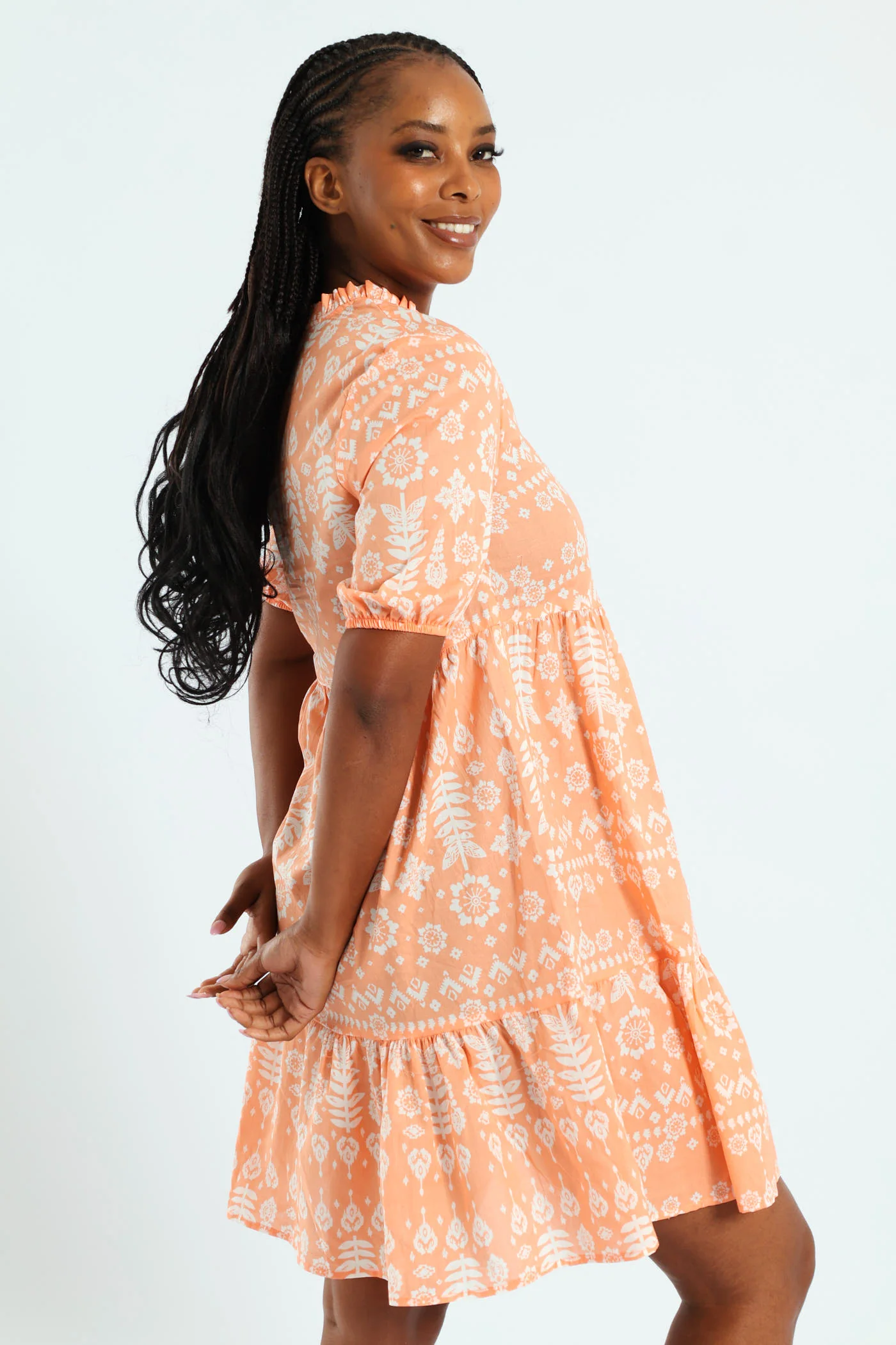 Frill Neck & Tie Swing Mini Dress - Coral - Image 4