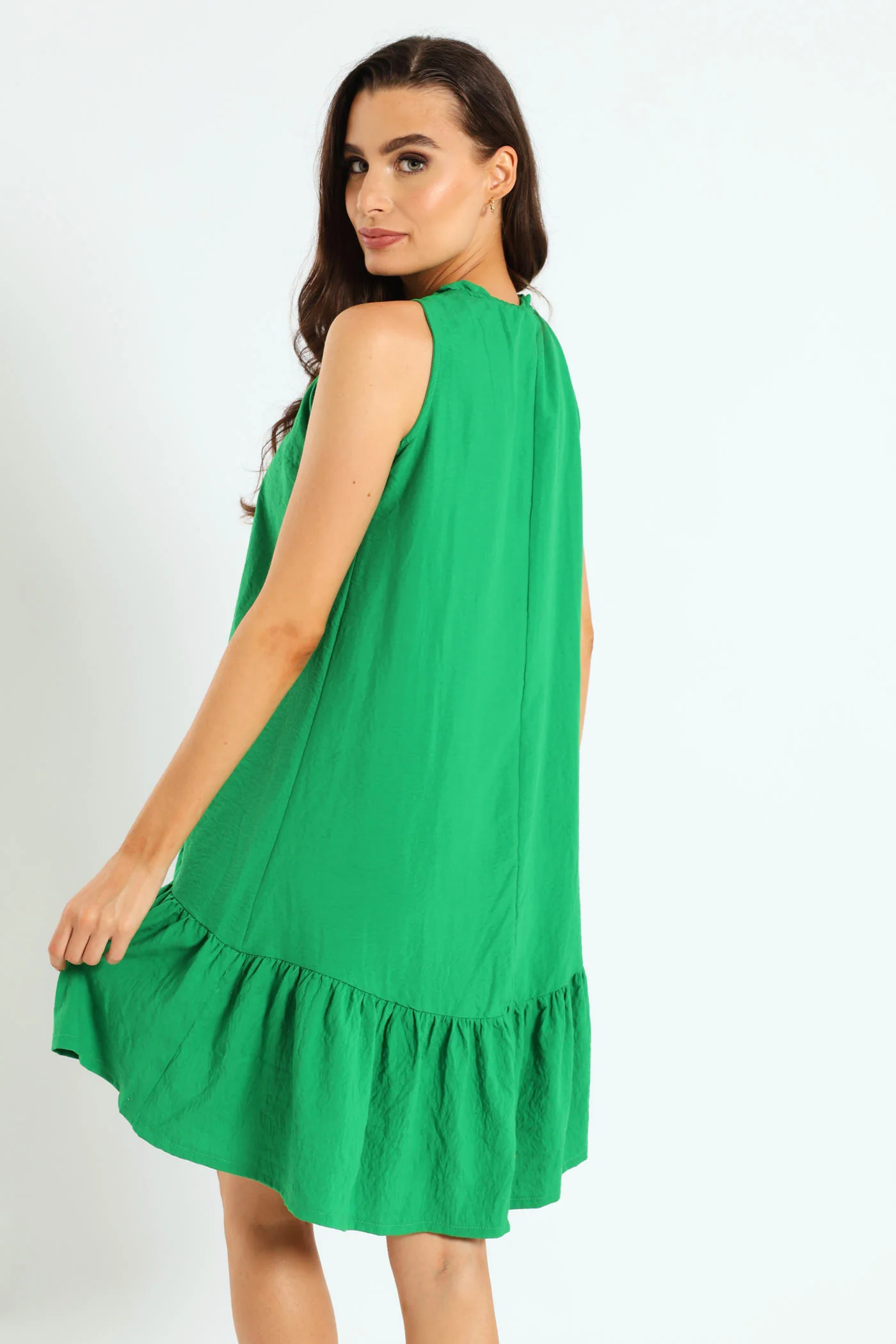 Frill Neck Drop Hem Dress - Emerald - Image 3