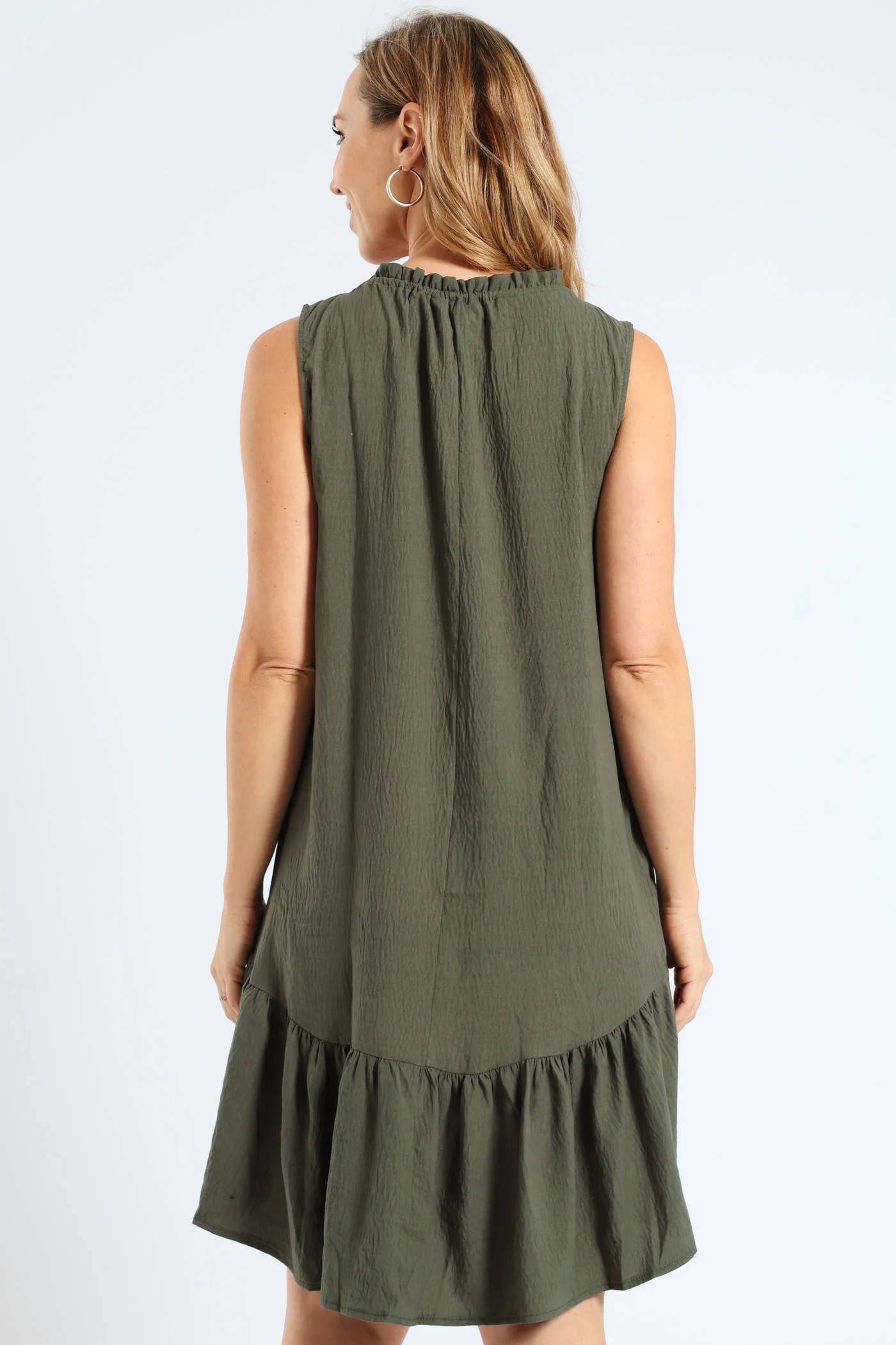 Frill Neck Drop Hem Dress - Light Fatigue - Image 4