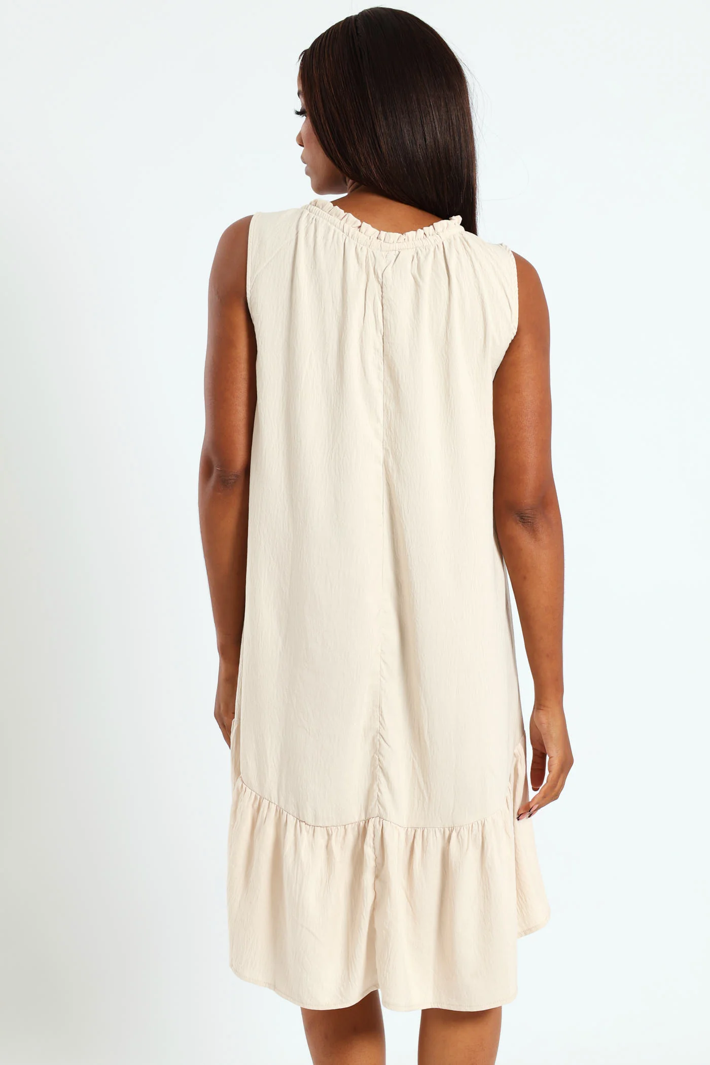 Frill Neck Drop Hem Dress - Light Stone - Image 2