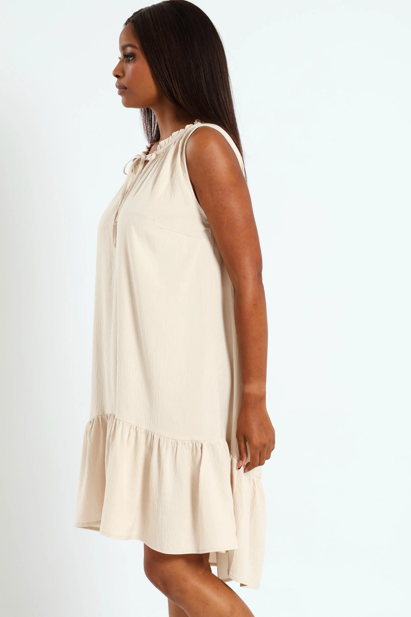 Frill Neck Drop Hem Dress - Light Stone - Image 3