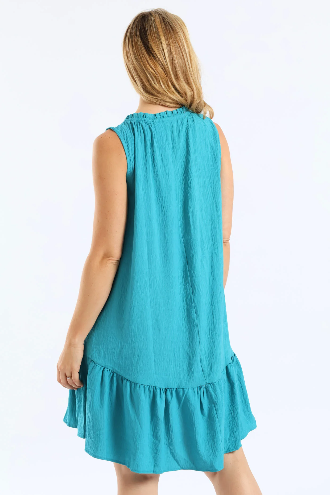 Frill Neck Drop Hem Dress - Turquoise - Image 4