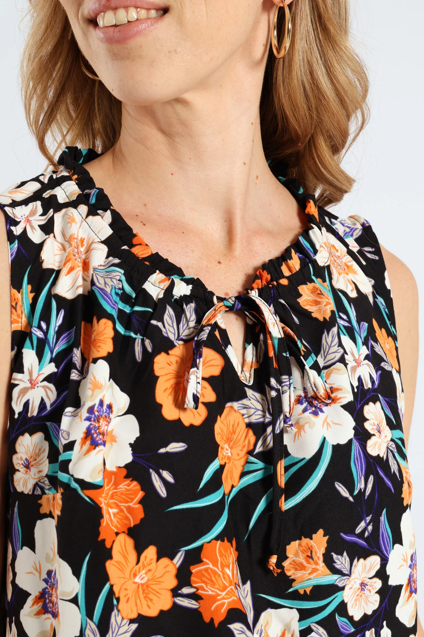 Frill Neck Drop Printed Hem Dress - Black - Image 2