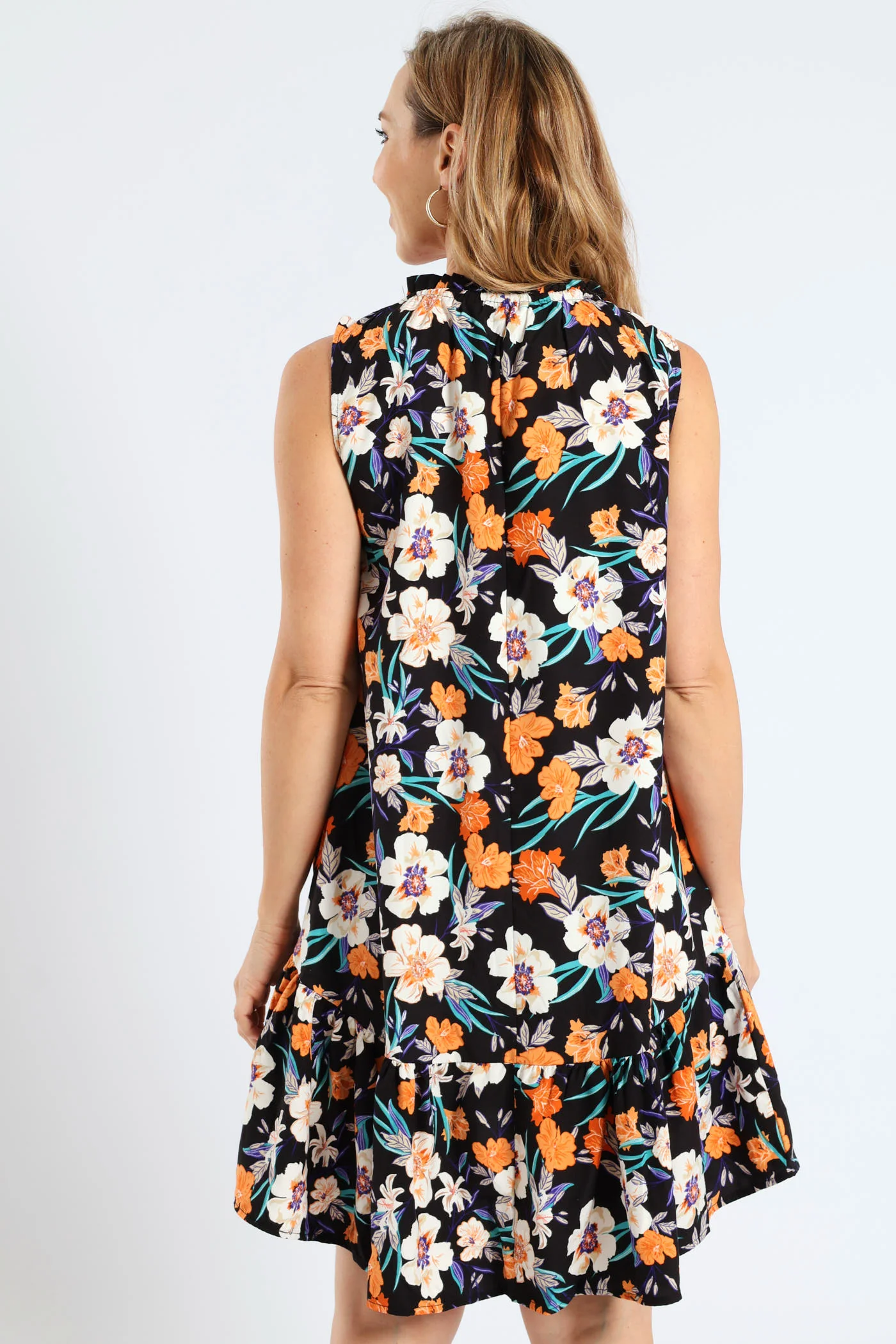 Frill Neck Drop Printed Hem Dress - Black - Image 4