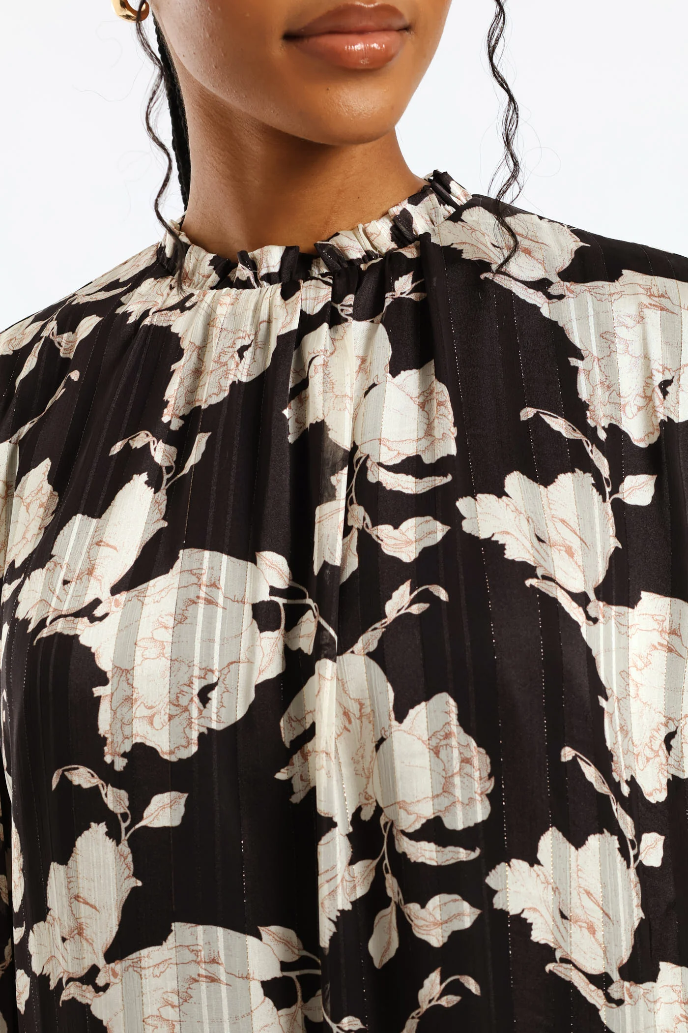 Frill Neck Monochrome Floral Blouse - Black/Cream - Image 2