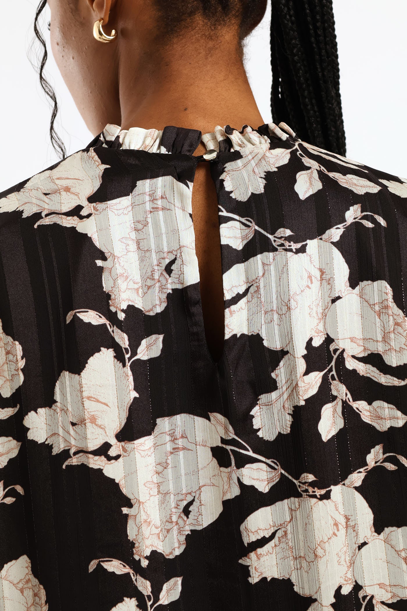Frill Neck Monochrome Floral Blouse - Black/Cream - Image 3