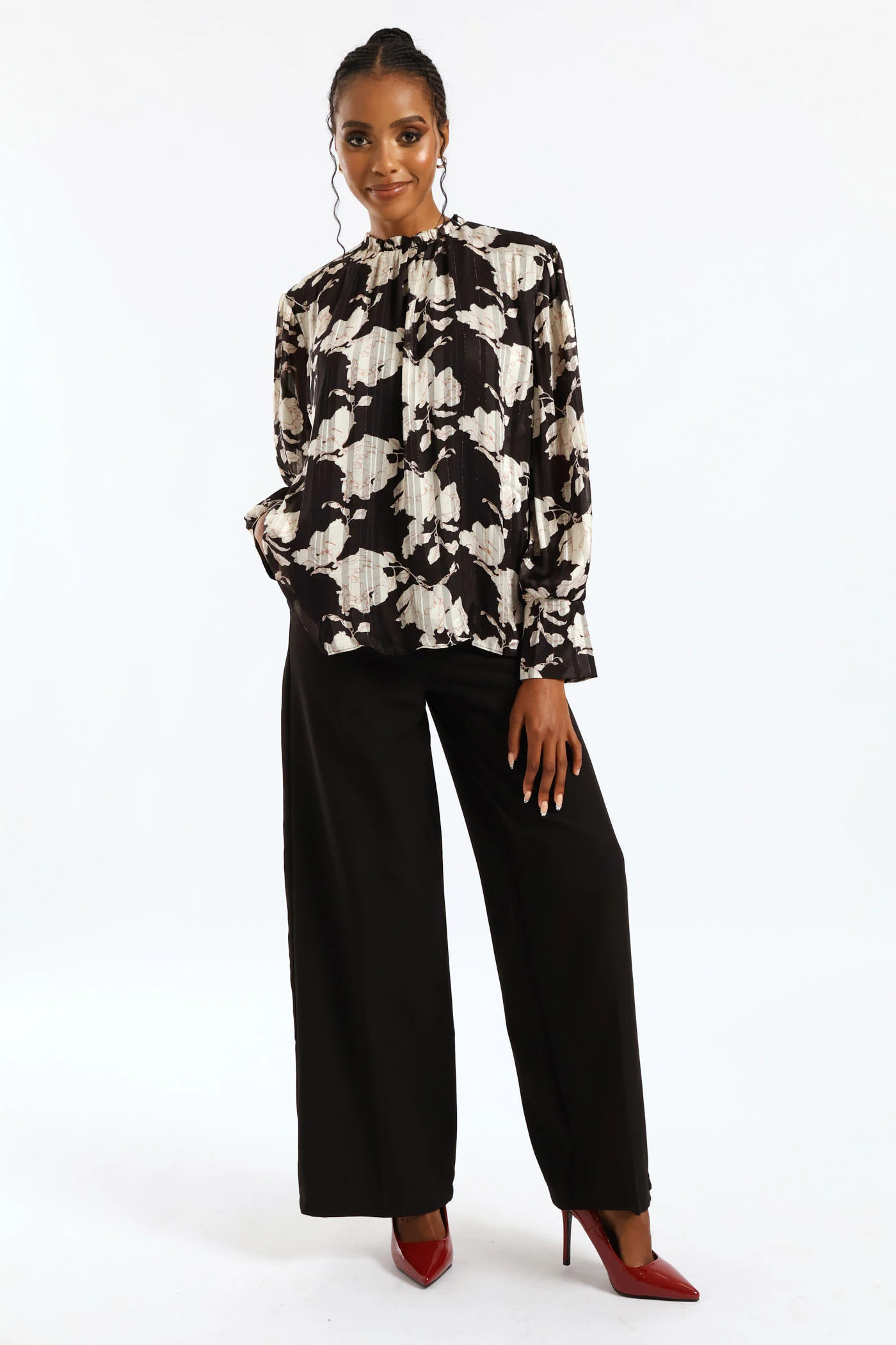 Frill Neck Monochrome Floral Blouse - Black/Cream - Image 4