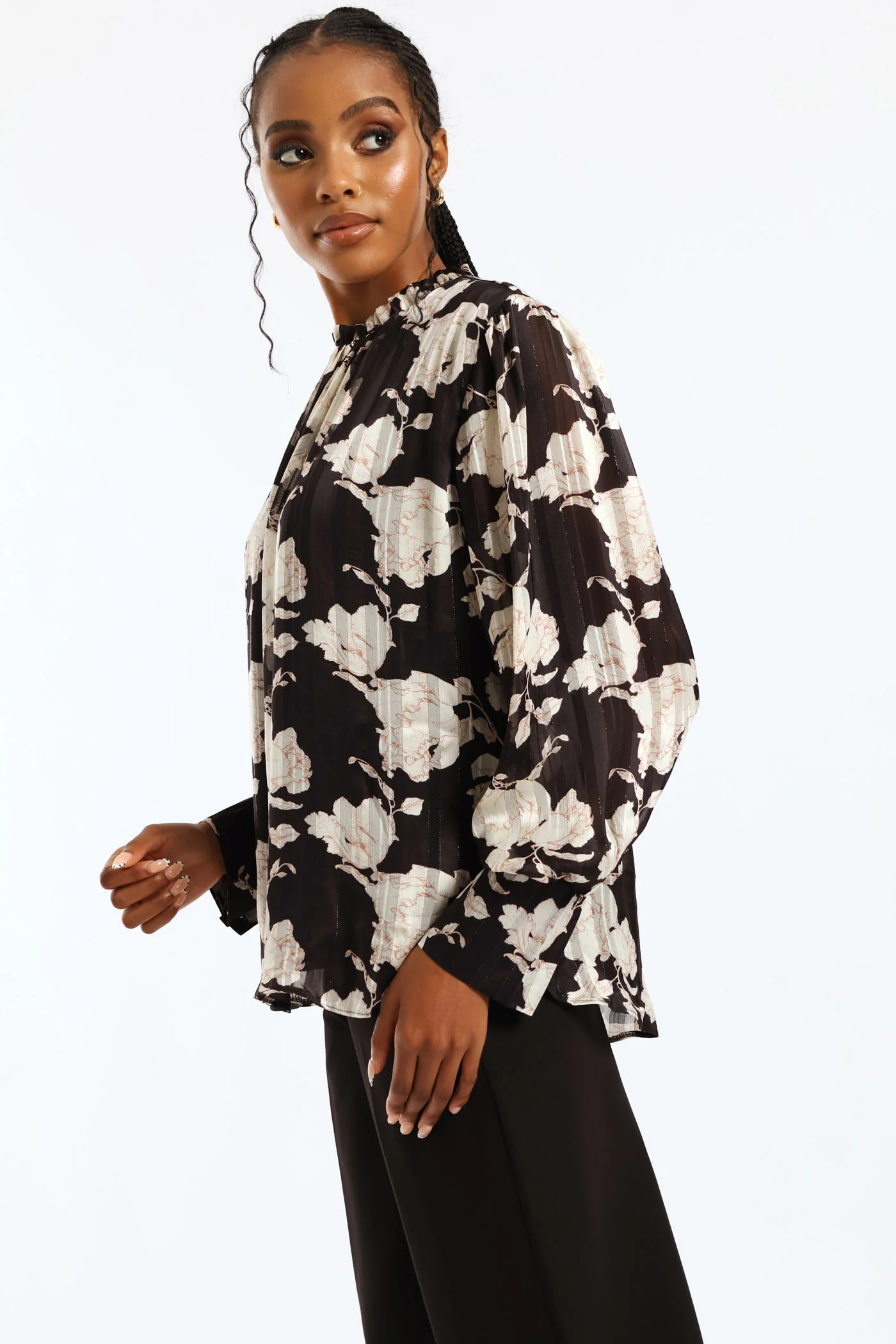 Frill Neck Monochrome Floral Blouse - Black/Cream - Image 5