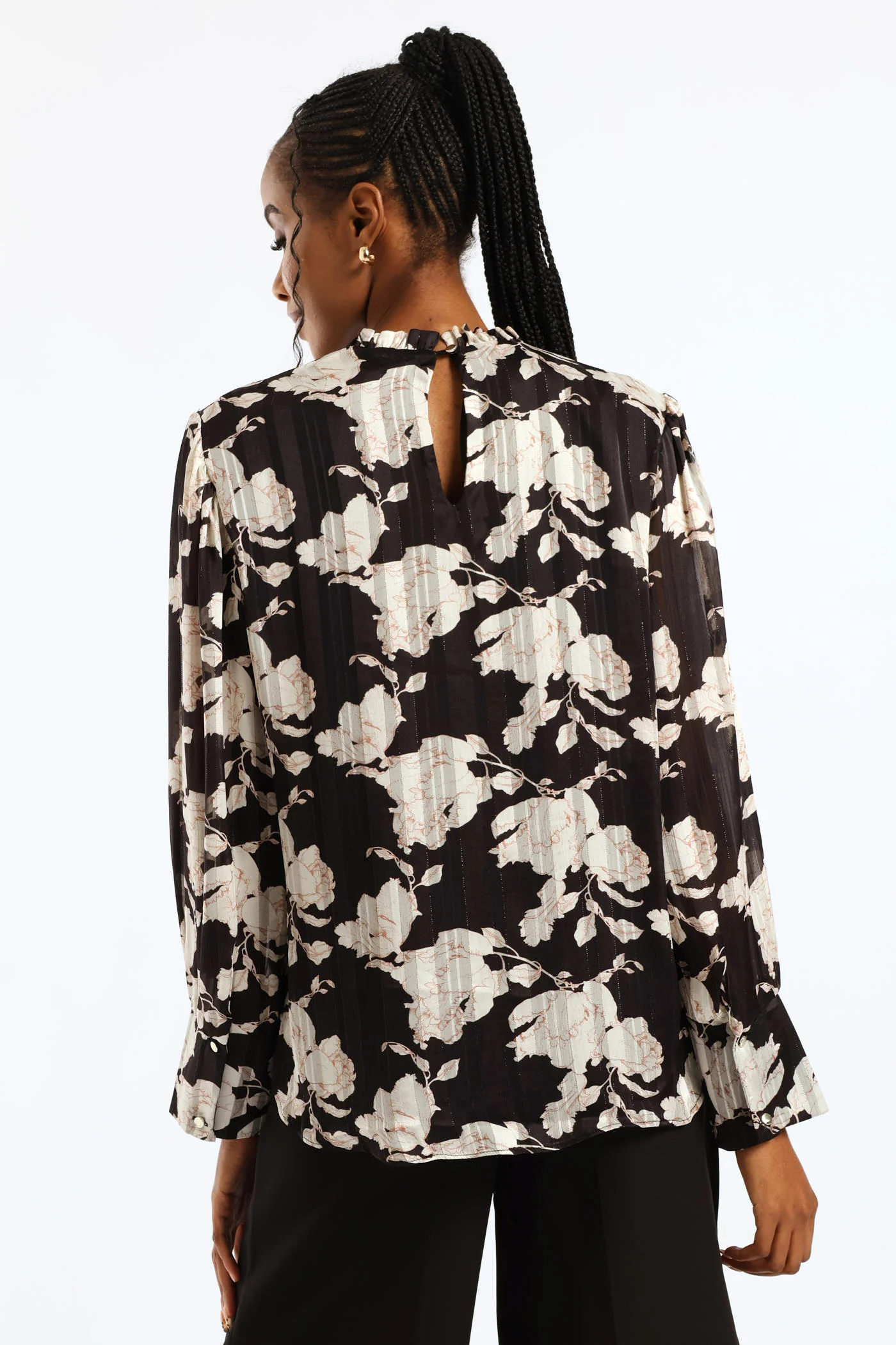Frill Neck Monochrome Floral Blouse - Black/Cream - Image 6