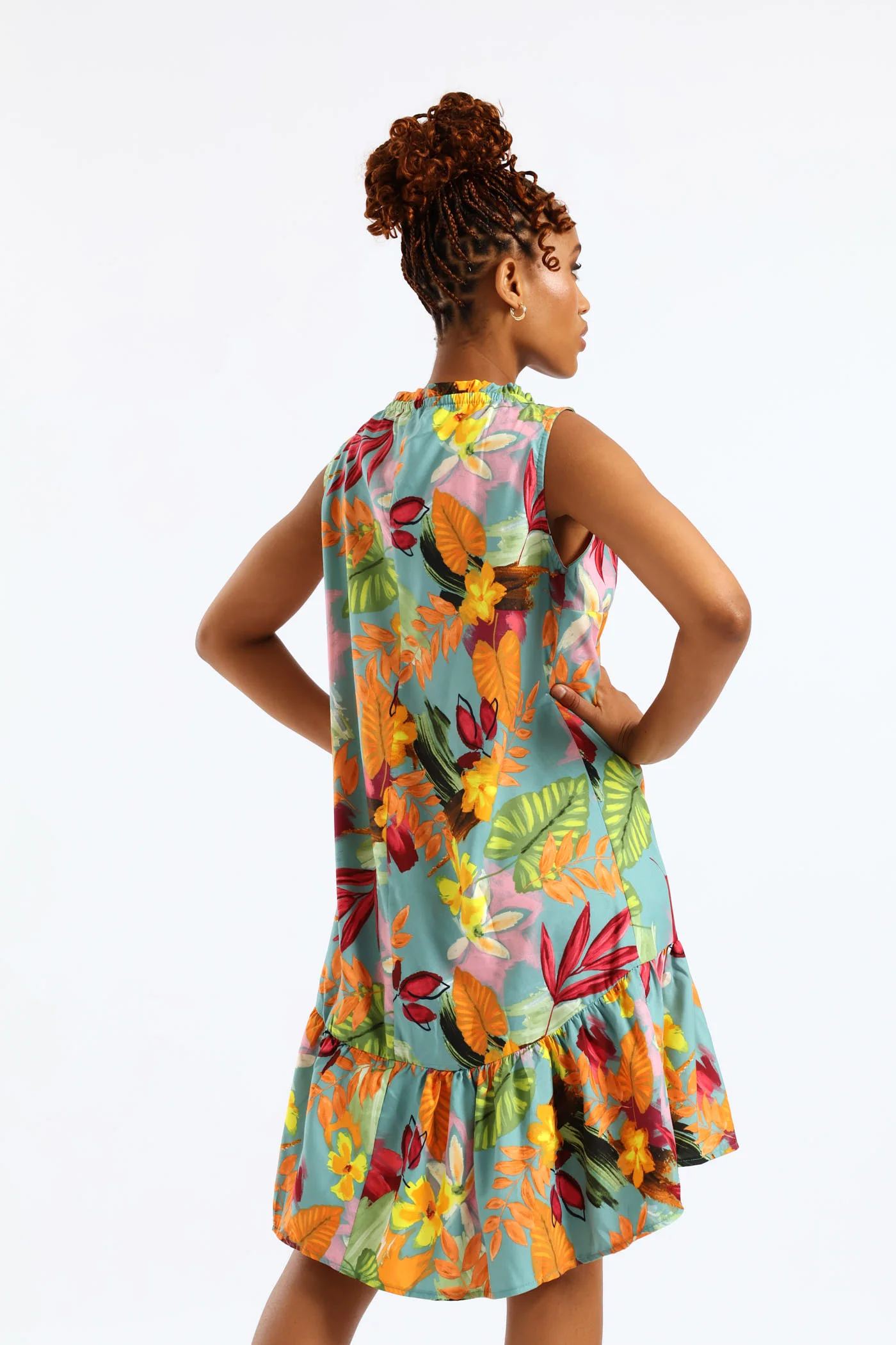 Frill Neck Printed Drop Hem Dress - Aqua - Image 2