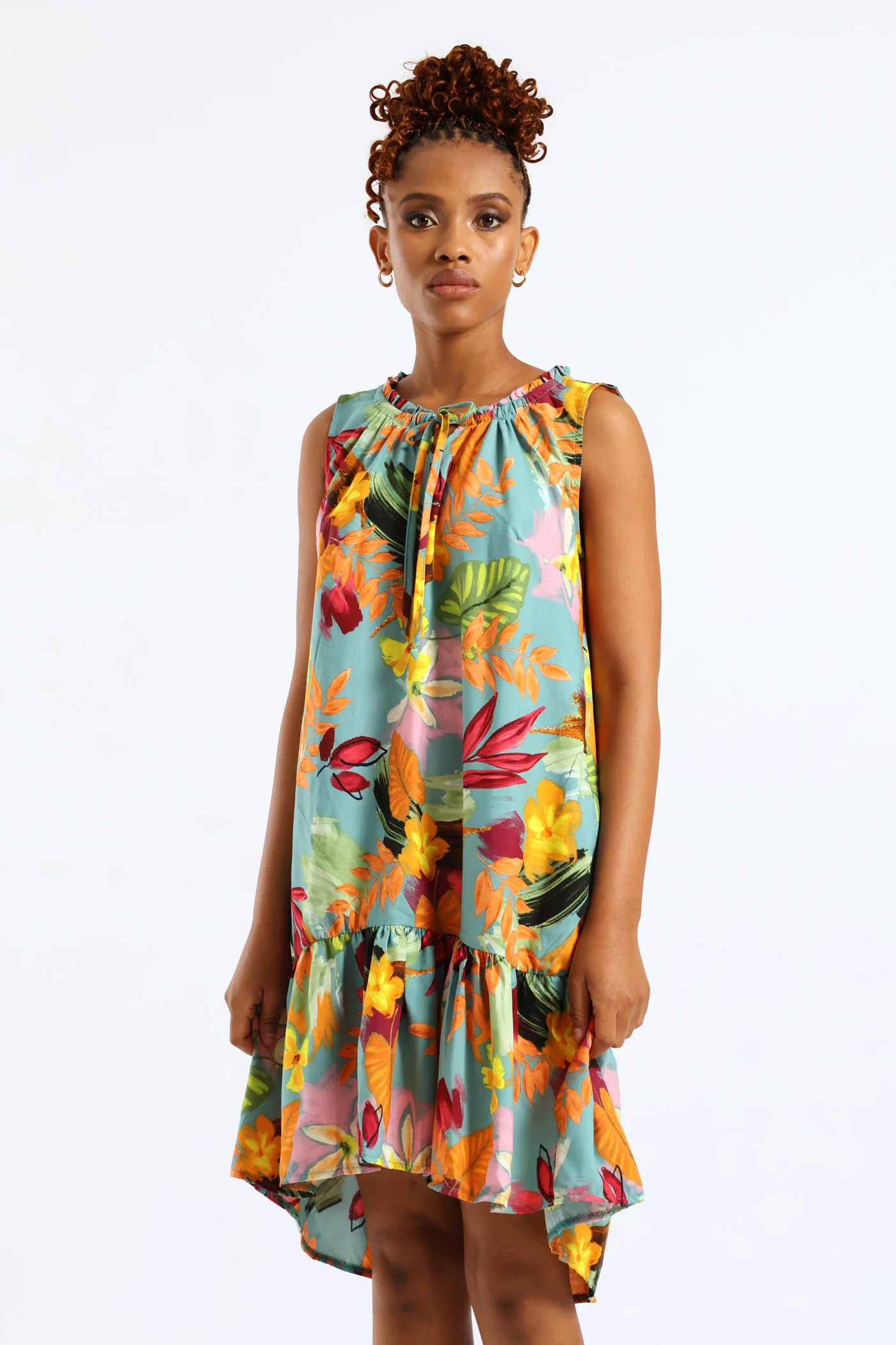 Frill Neck Printed Drop Hem Dress - Aqua - Image 3