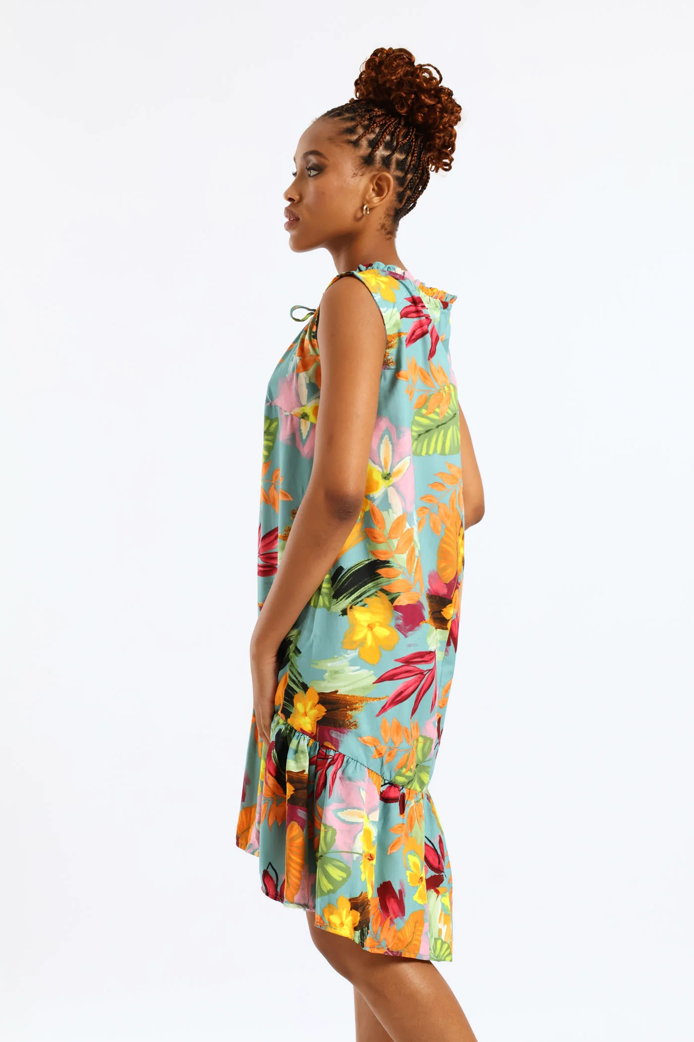 Frill Neck Printed Drop Hem Dress - Aqua - Image 4