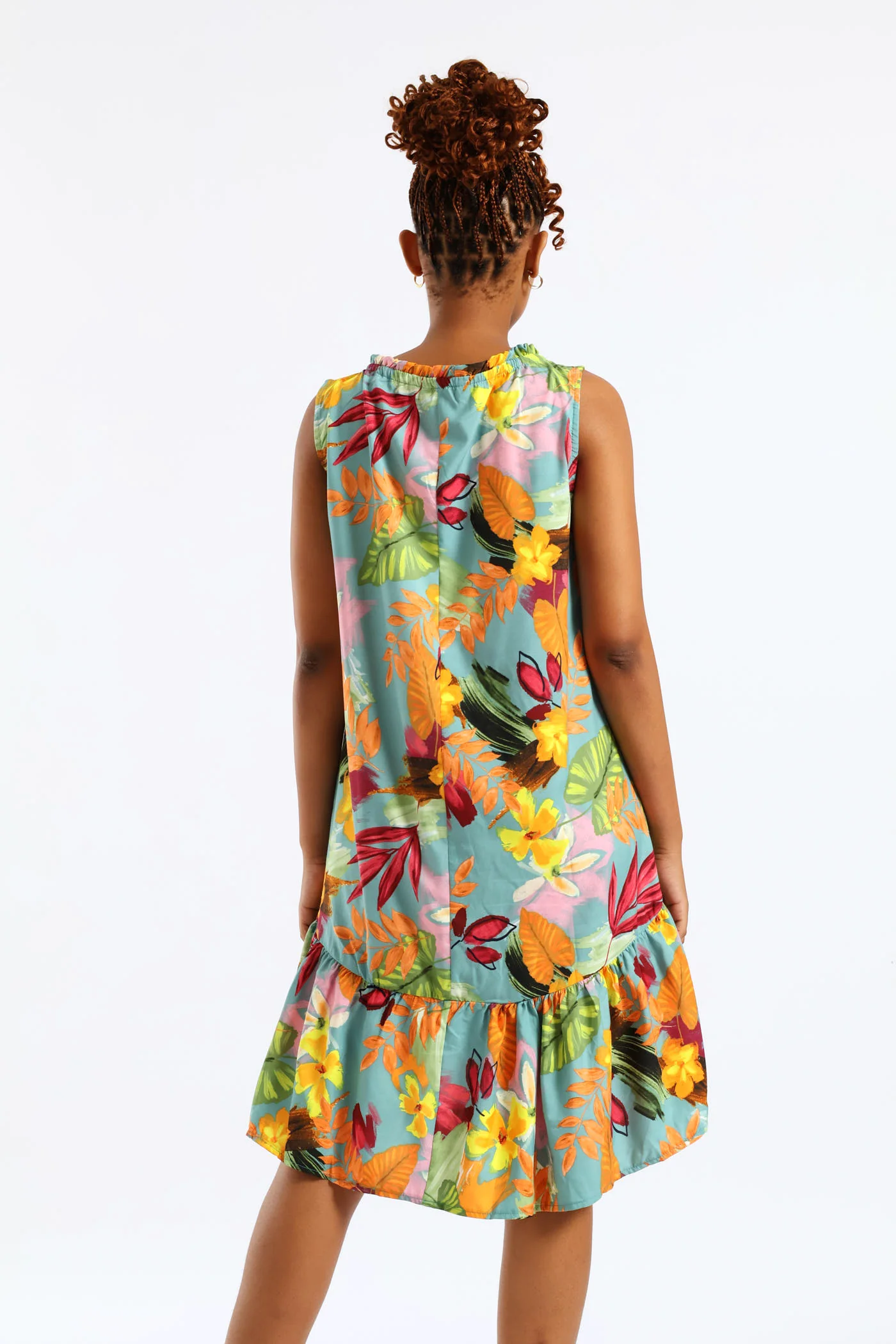Frill Neck Printed Drop Hem Dress - Aqua - Image 6