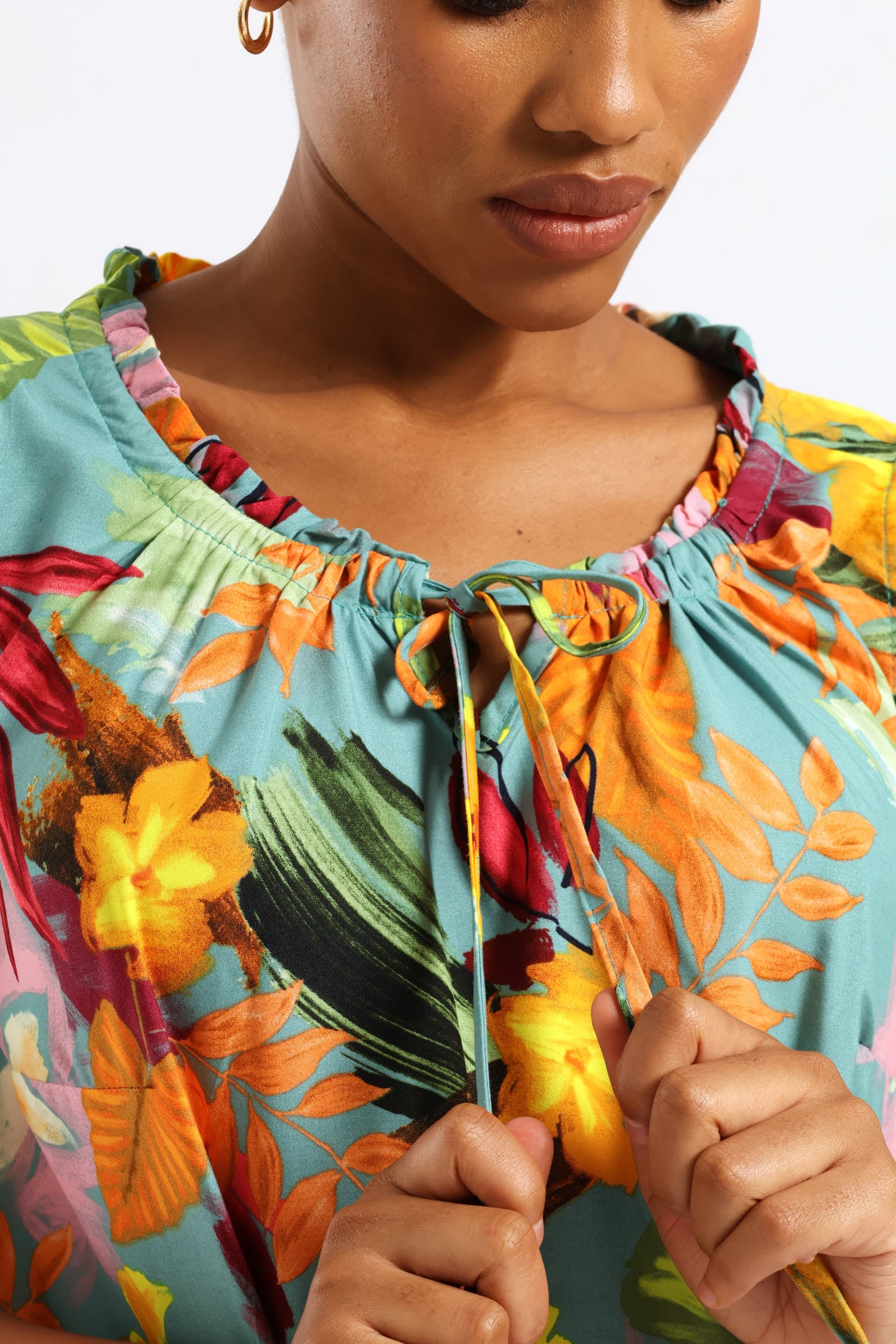 Frill Neck Printed Drop Hem Dress - Aqua - Image 7