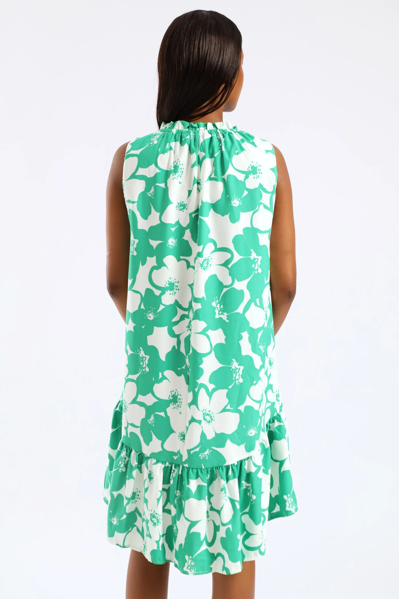 Frill Neck Printed Drop Hem Dress - White/Green - Image 2