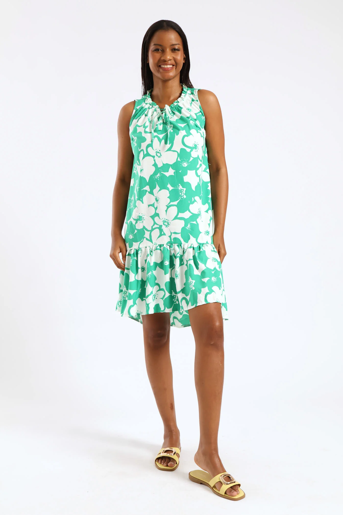 Frill Neck Printed Drop Hem Dress - White/Green - Image 4