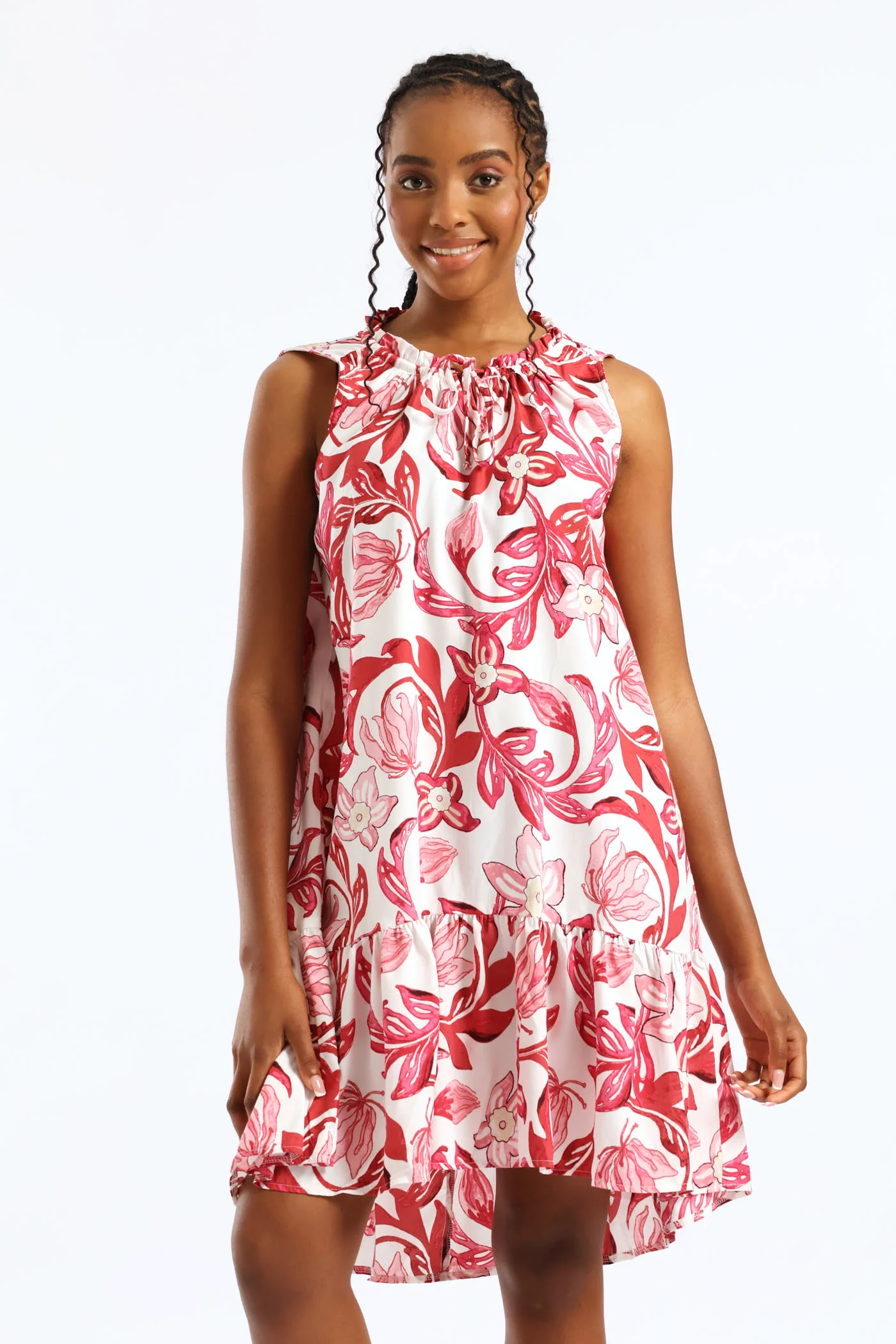 Frill Neck Printed Drop Hem Dress - White/Pink - Image 3