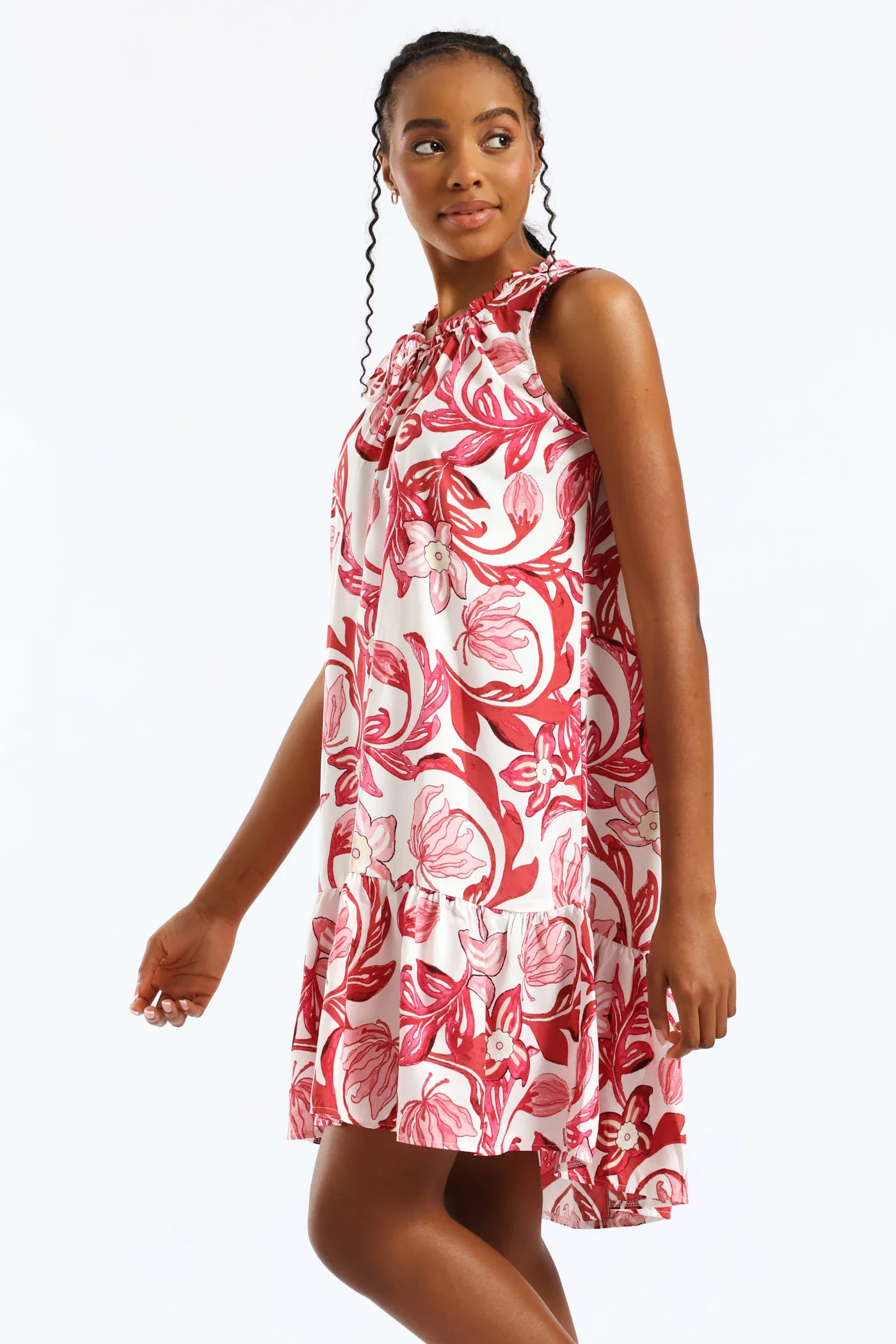 Frill Neck Printed Drop Hem Dress - White/Pink - Image 4