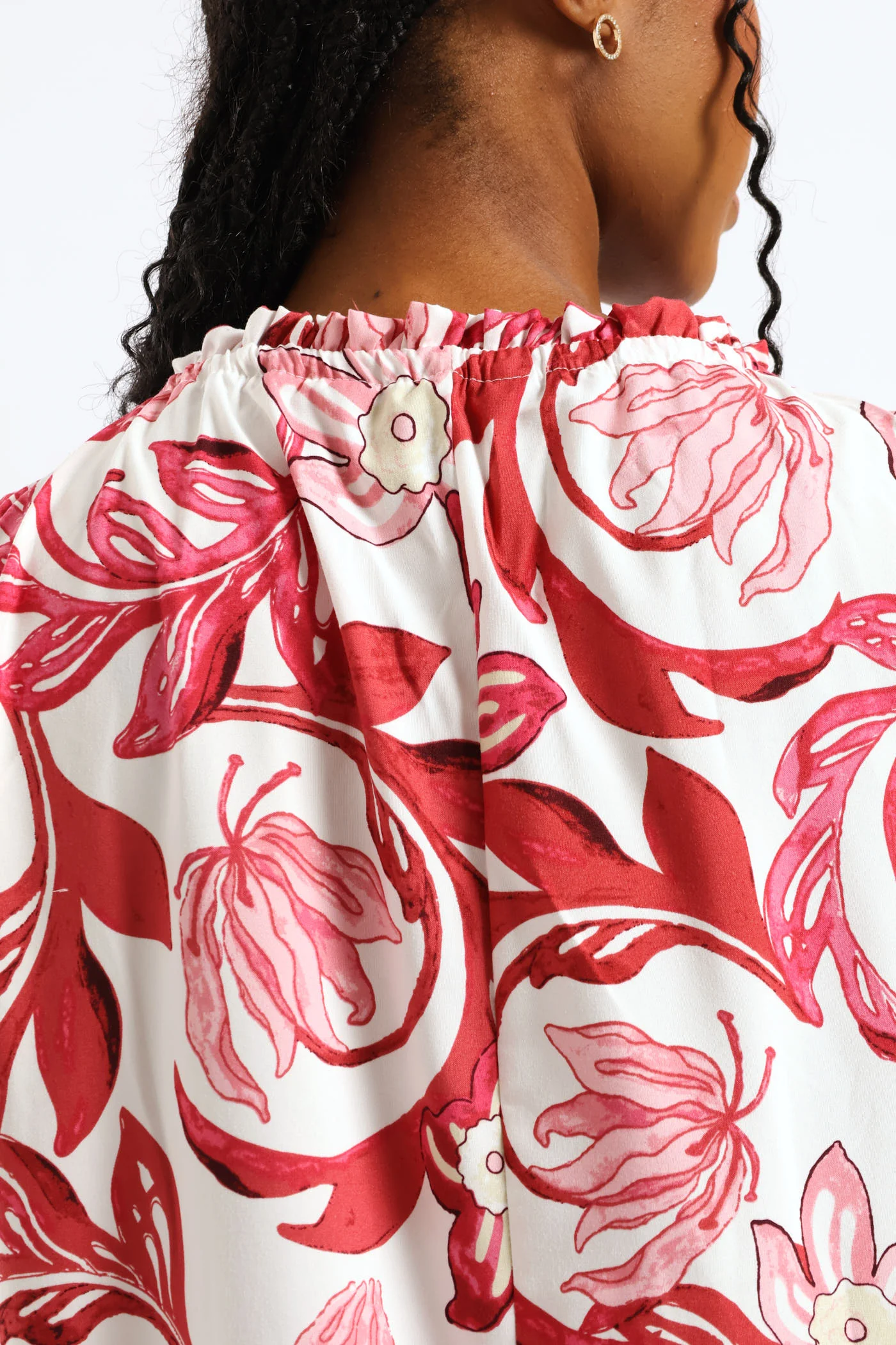 Frill Neck Printed Drop Hem Dress - White/Pink - Image 6