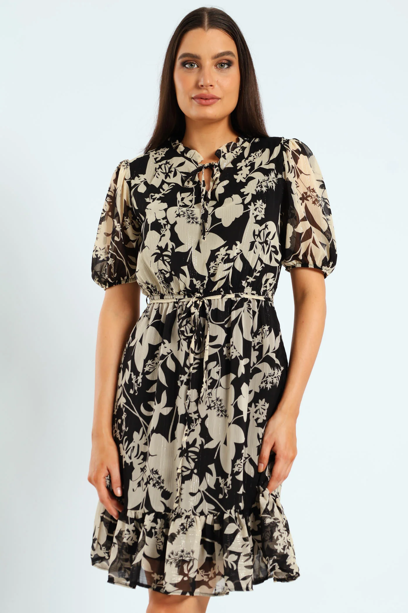 Frill Neck Puff Sleeve Tea Dress - Black - Image 3