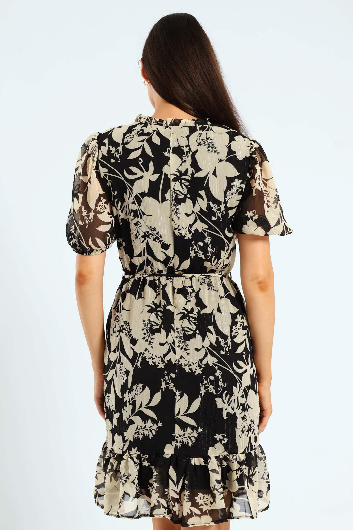 Frill Neck Puff Sleeve Tea Dress - Black - Image 4