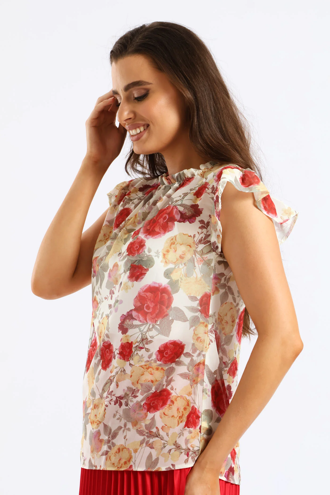 Frill Neck Romantic Floral Blouse - Cream - Image 3
