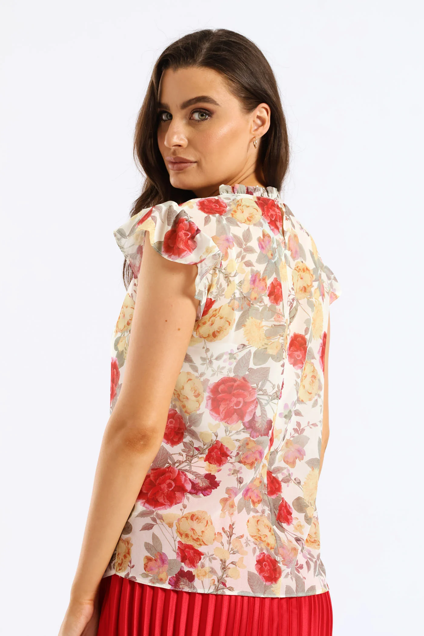 Frill Neck Romantic Floral Blouse - Cream - Image 4