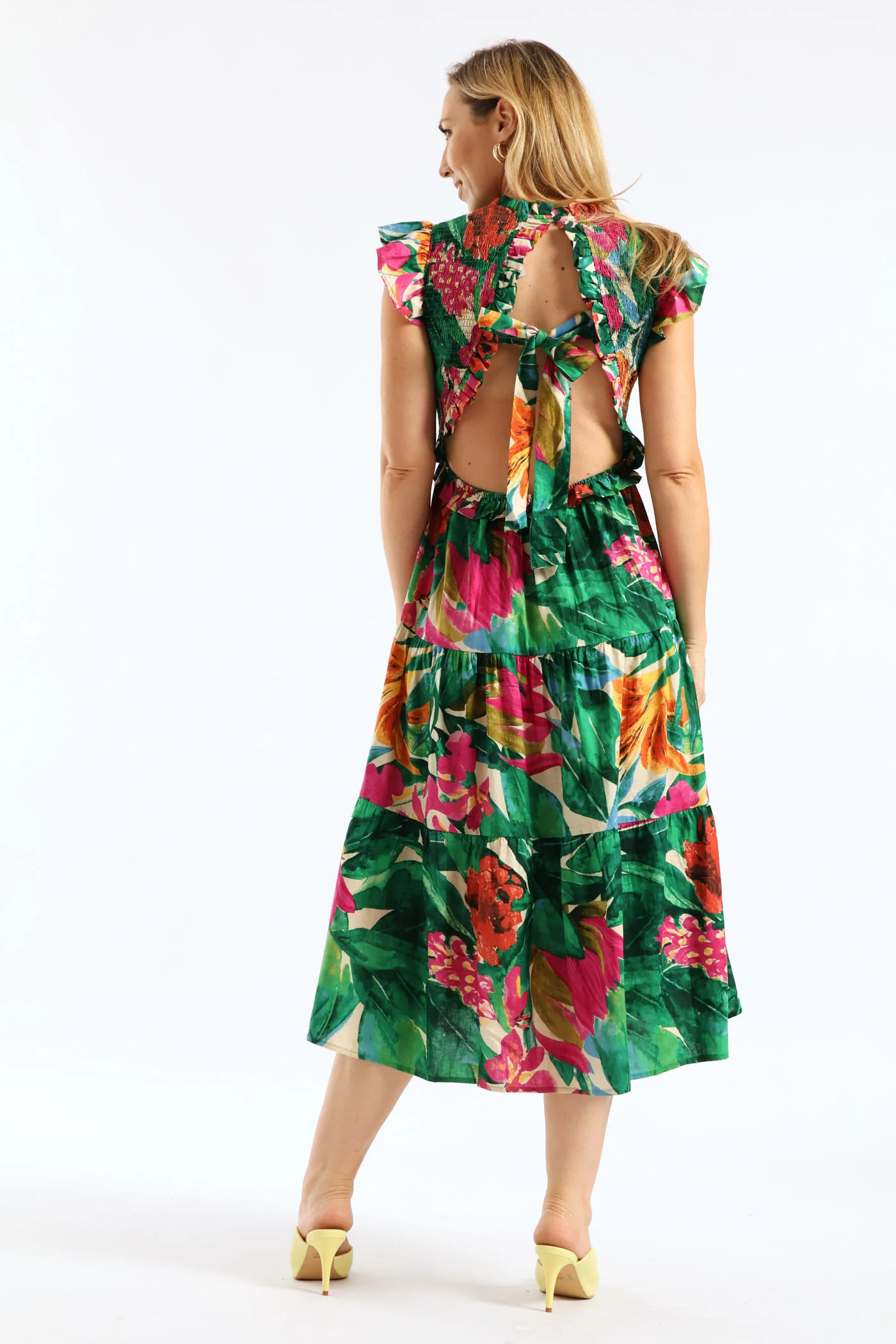 Frill Neck Shirred Bodice Tiered Tie-Back Midaxi Dress - Multi - Image 2