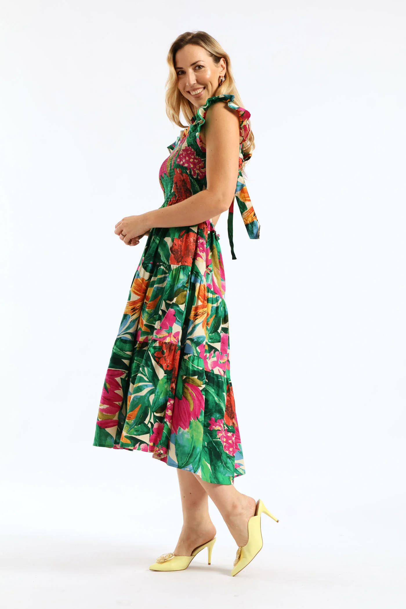 Frill Neck Shirred Bodice Tiered Tie-Back Midaxi Dress - Multi - Image 5