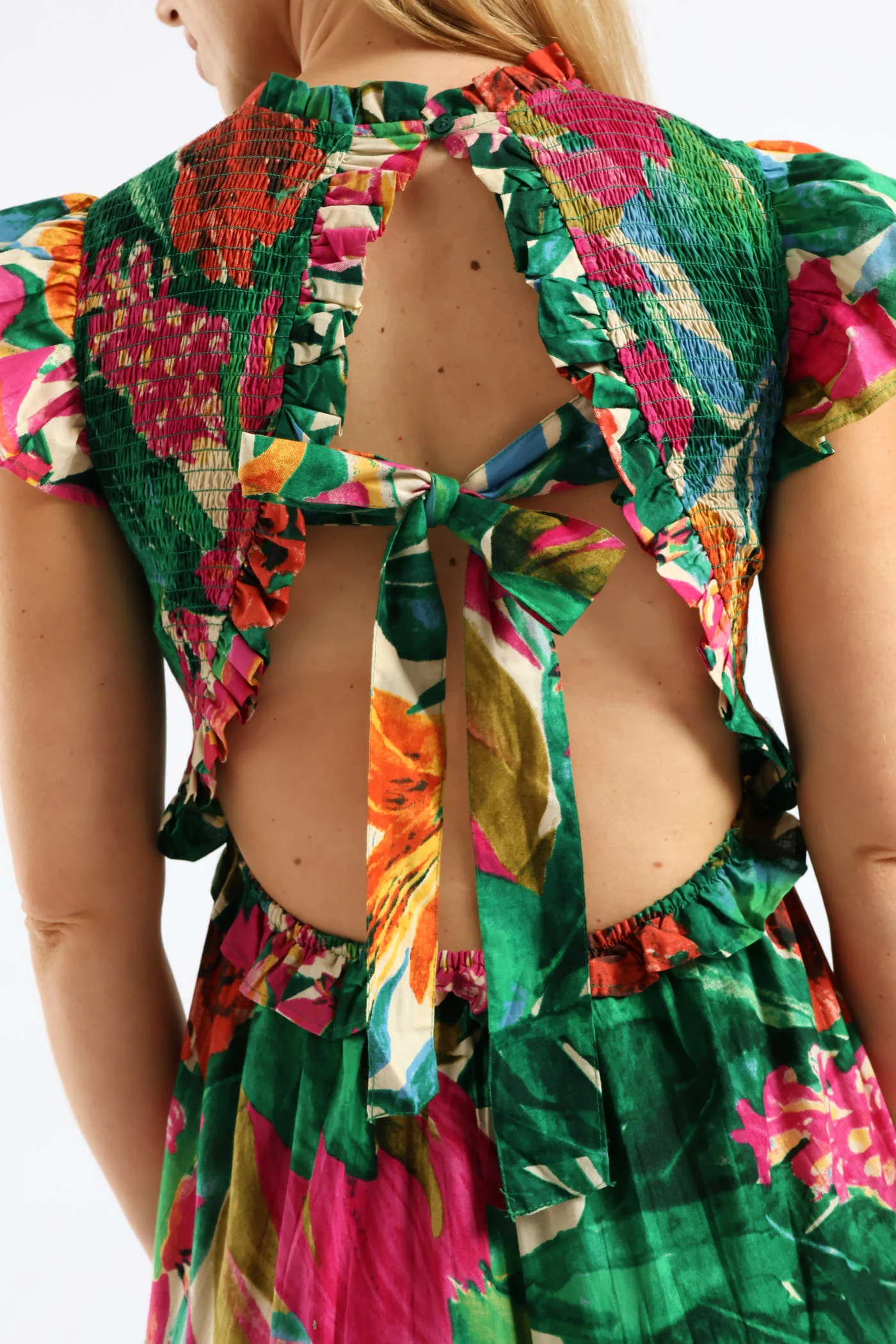 Frill Neck Shirred Bodice Tiered Tie-Back Midaxi Dress - Multi - Image 7