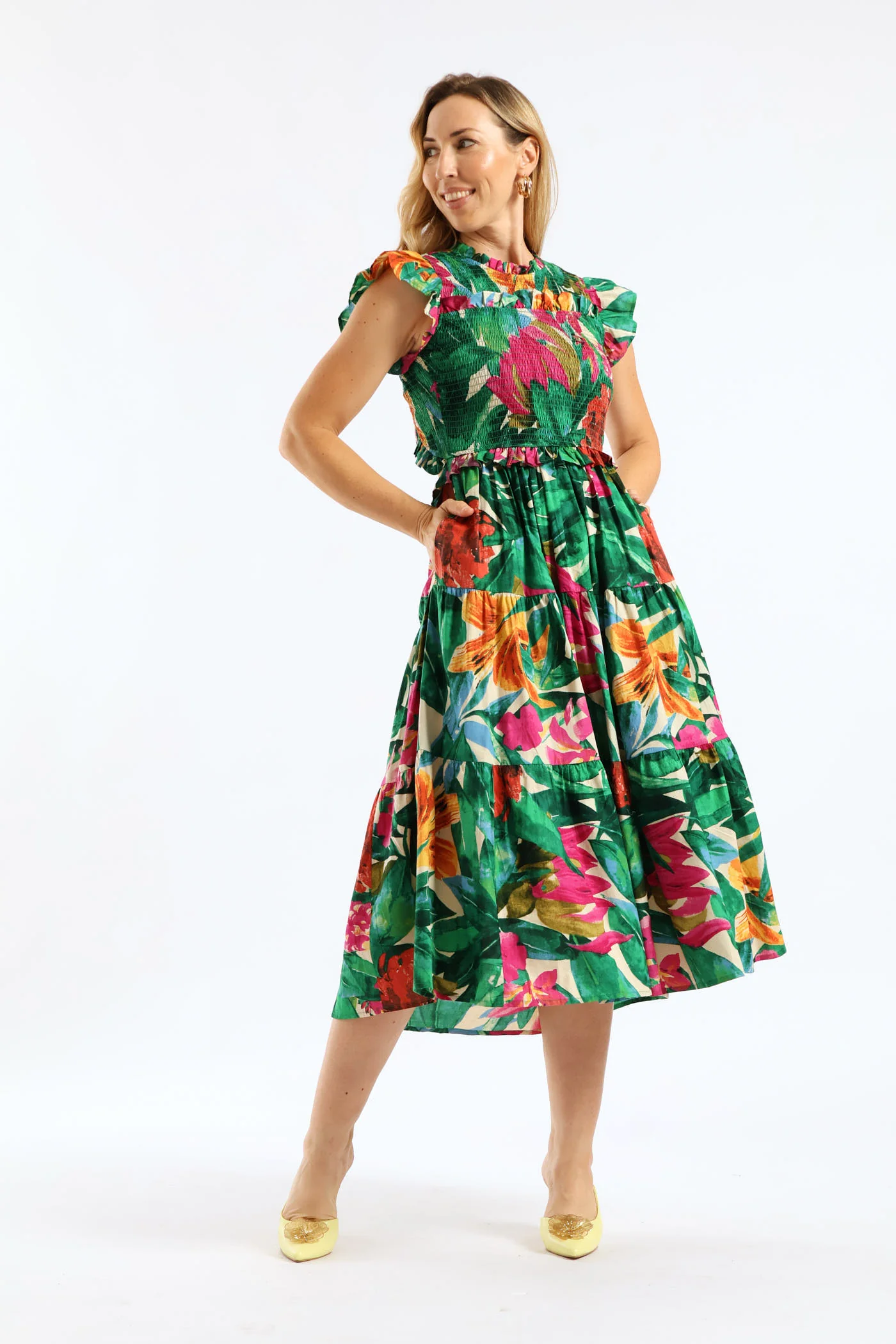 Frill Neck Shirred Bodice Tiered Tie-Back Midaxi Dress - Multi - Image 8