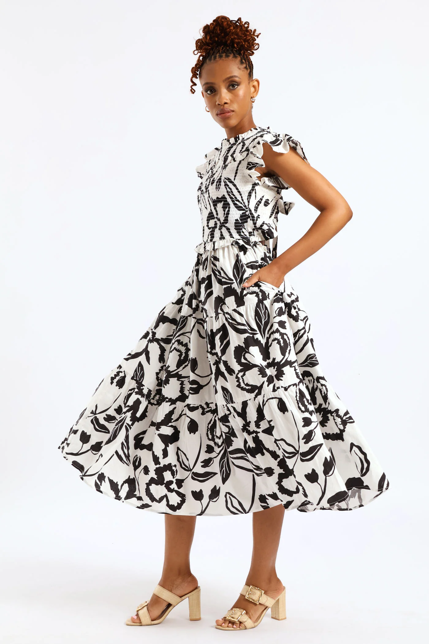 Frill Neck Shirred Bodice Tiered Tie-Back Midaxi Dress - White/Black - Image 4
