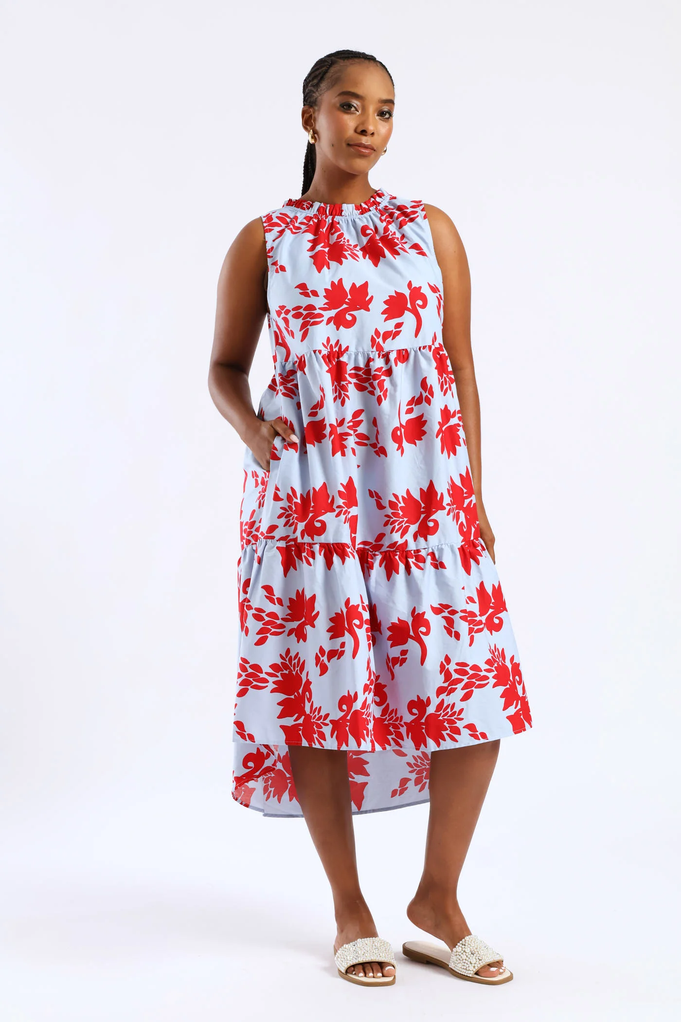 Frill Neck Tiered Hilo Flared Midi Dress - Light Blue/Red - Image 4