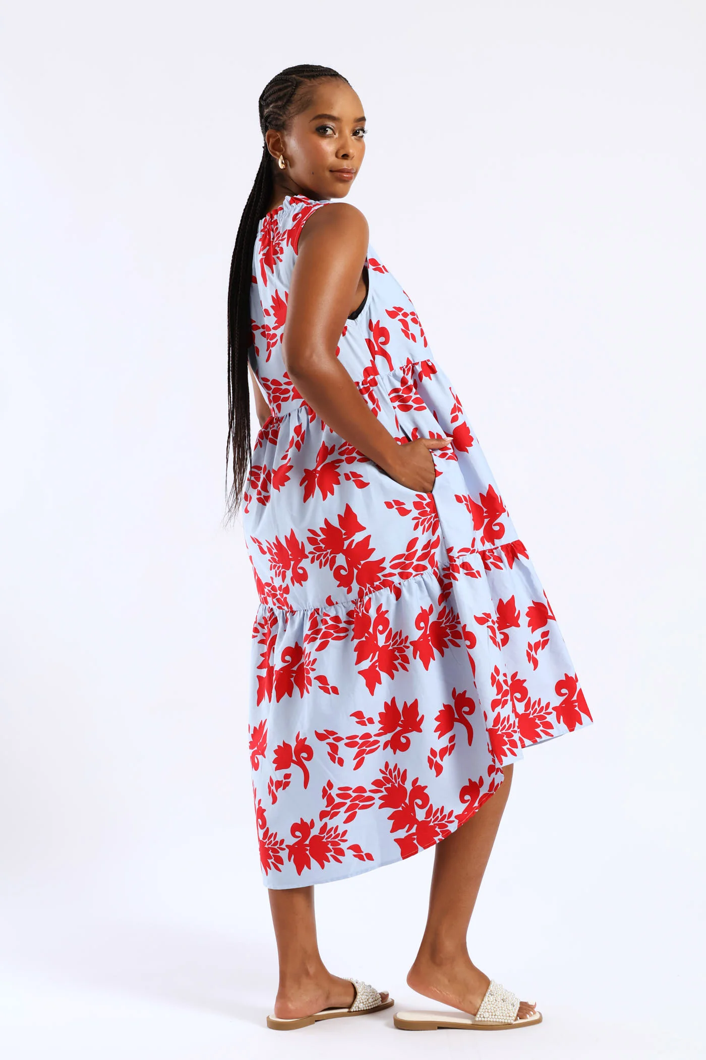 Frill Neck Tiered Hilo Flared Midi Dress - Light Blue/Red - Image 5