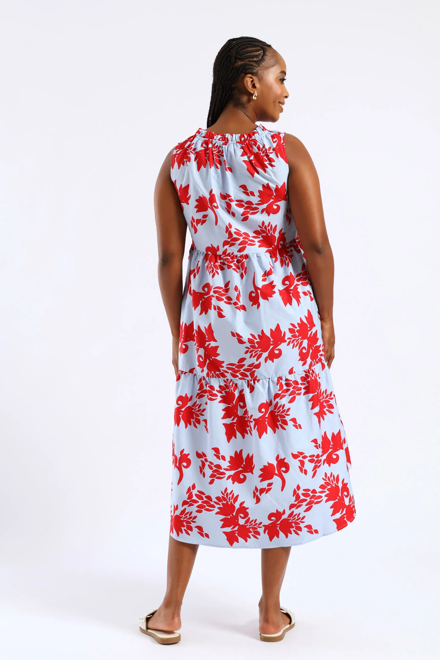 Frill Neck Tiered Hilo Flared Midi Dress - Light Blue/Red - Image 6