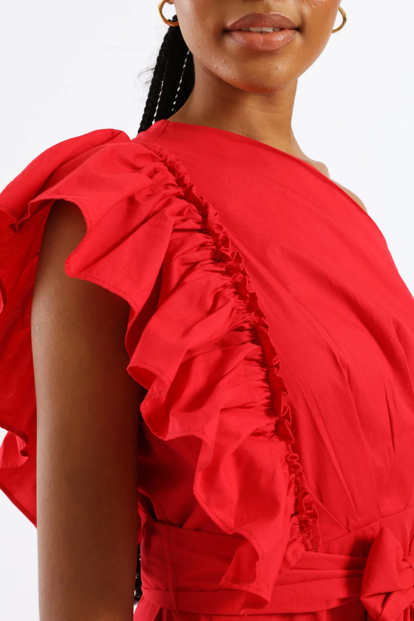 Frill One Shoulder Fit & Flare Self Belted Midi Dress - Rose Red - Image 2