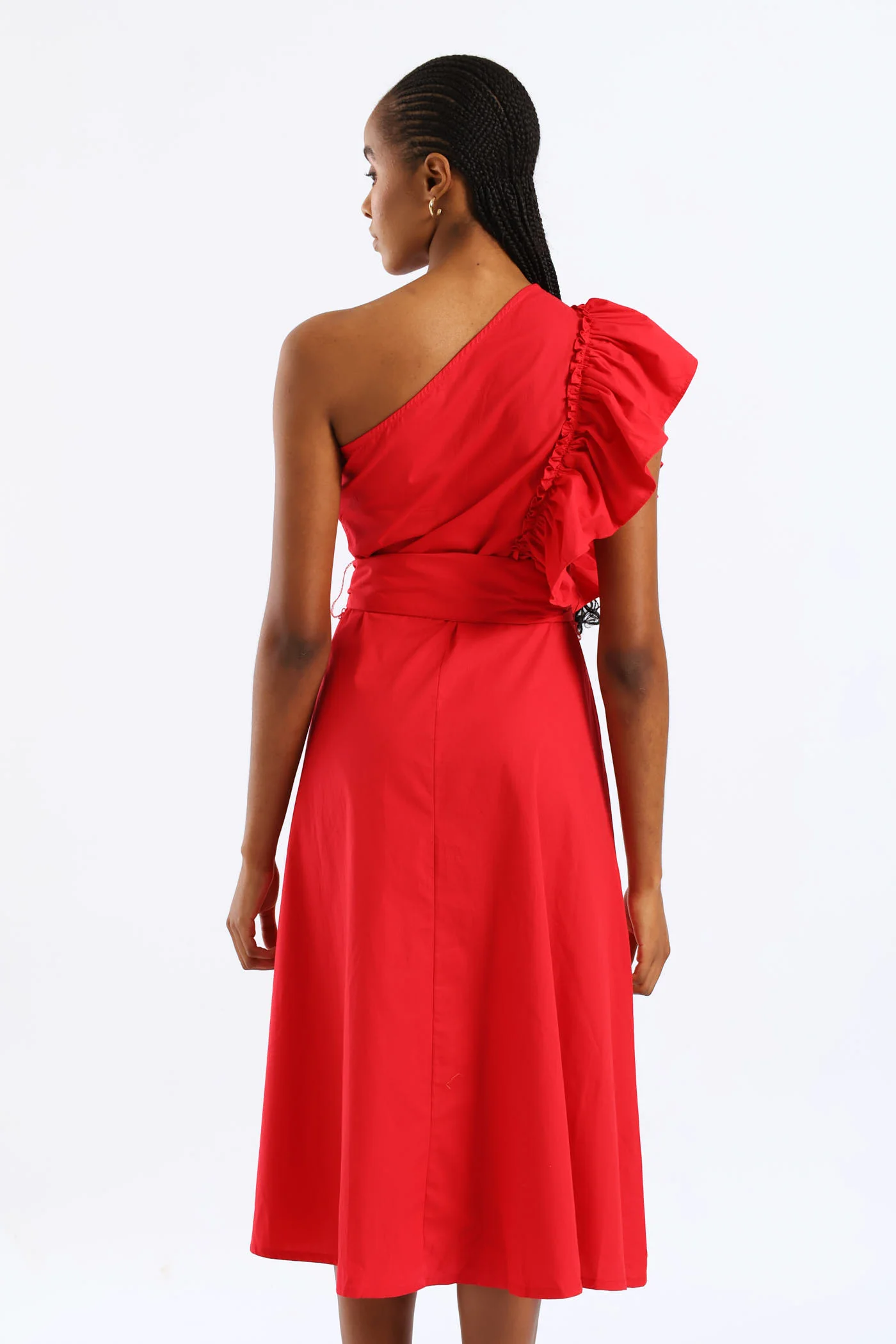 Frill One Shoulder Fit & Flare Self Belted Midi Dress - Rose Red - Image 3