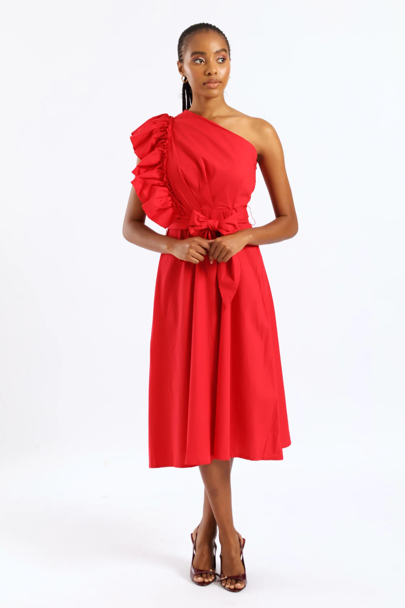 Frill One Shoulder Fit & Flare Self Belted Midi Dress - Rose Red - Image 4
