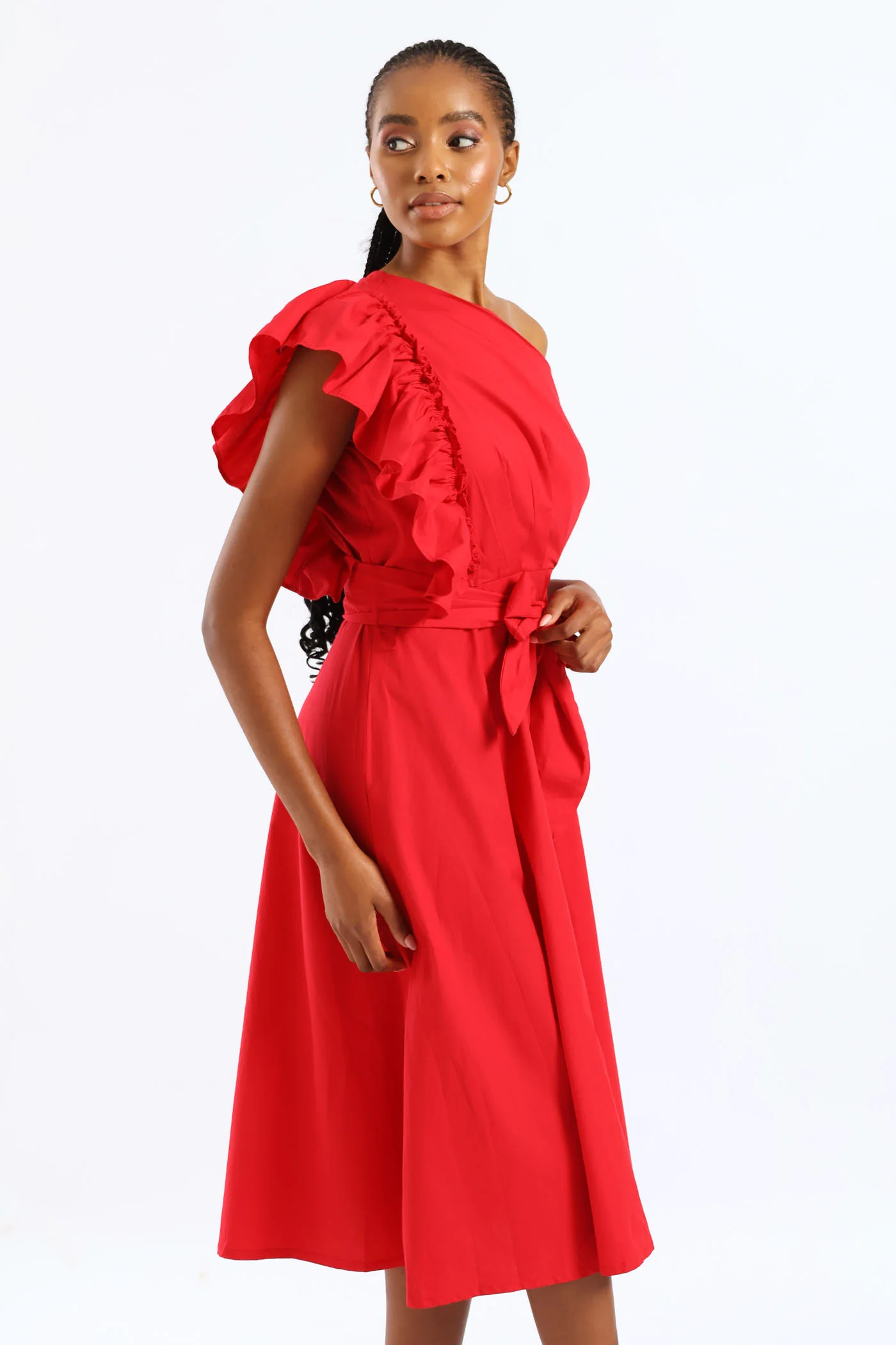 Frill One Shoulder Fit & Flare Self Belted Midi Dress - Rose Red - Image 5